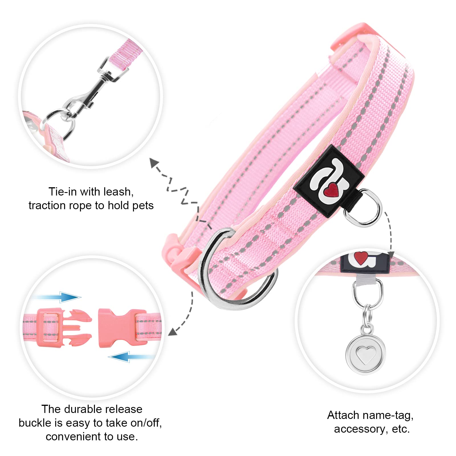 Azuza Reflective Dog Collar,Soft Neoprene Padded Pet Collar With Id Tag Ring,Adjustable For Large Dogs,Pink,L