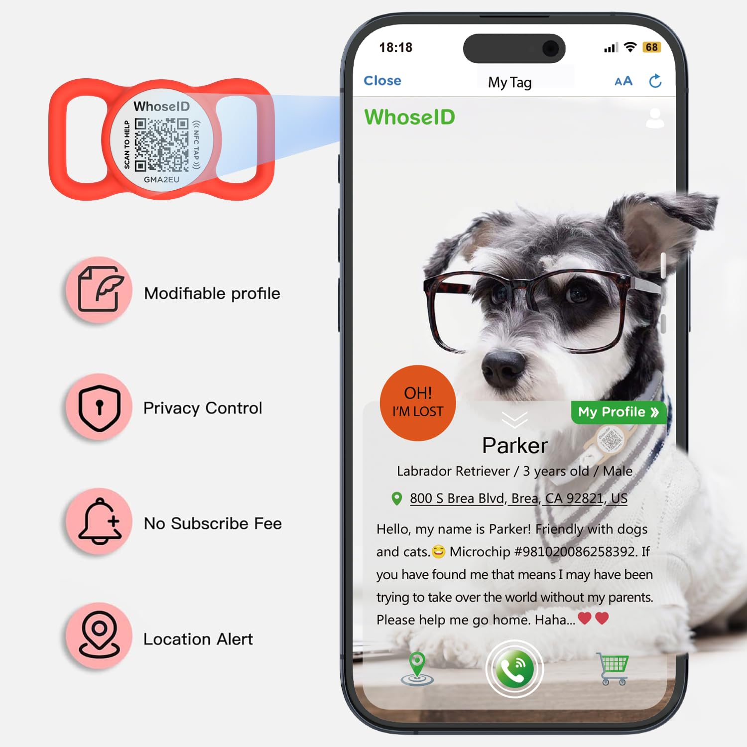 WhoseID QR Code Dog Tag with NFC, Personalized Pet ID Tag, Silent Silicone Dog ID Tag, Modifiable Pet Online Profile, Multiple E