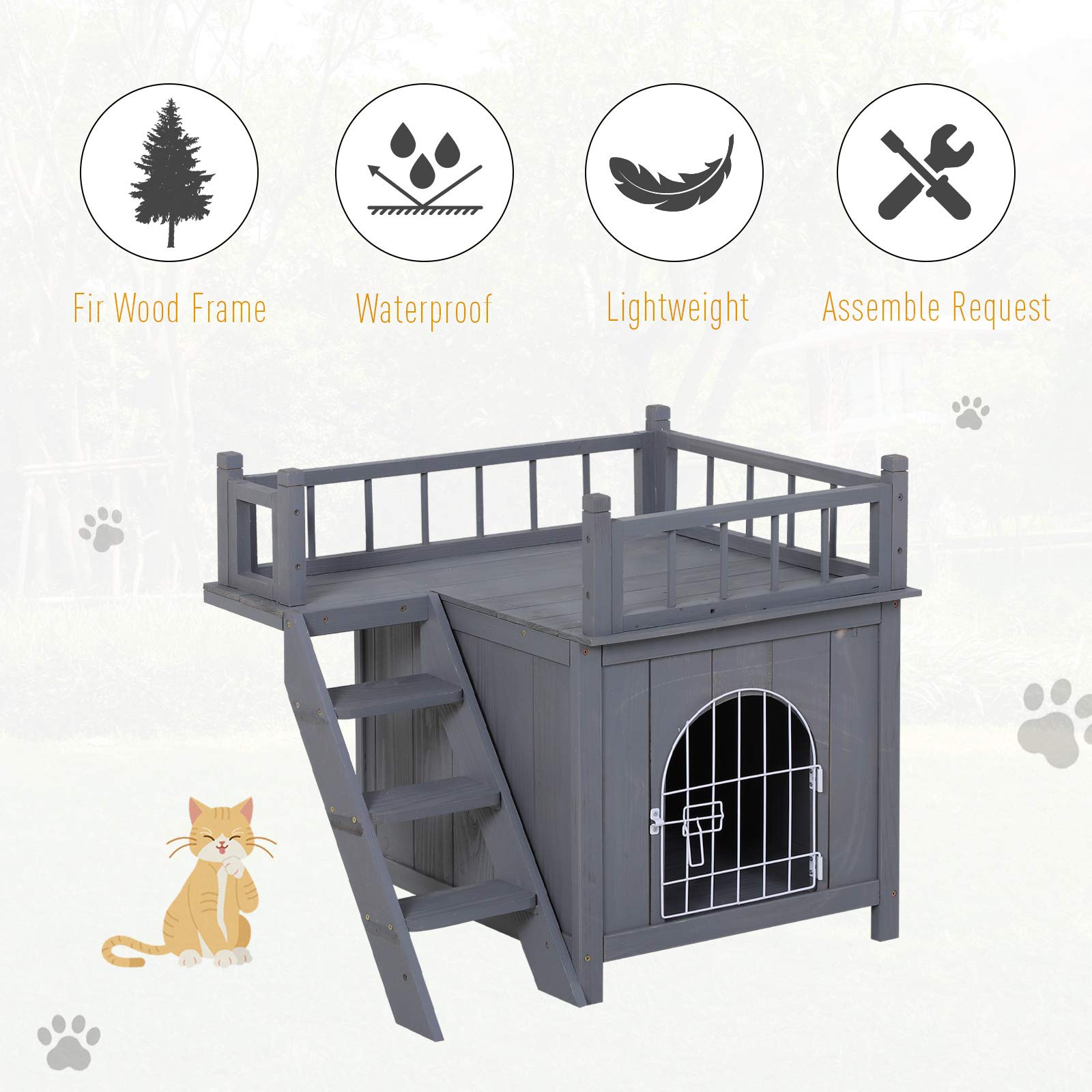 Pawhut 2-Level Wooden Cat House, Outdoor Dog Shelter Cat Condo With Lockable Wire Door And Balcony, Grey