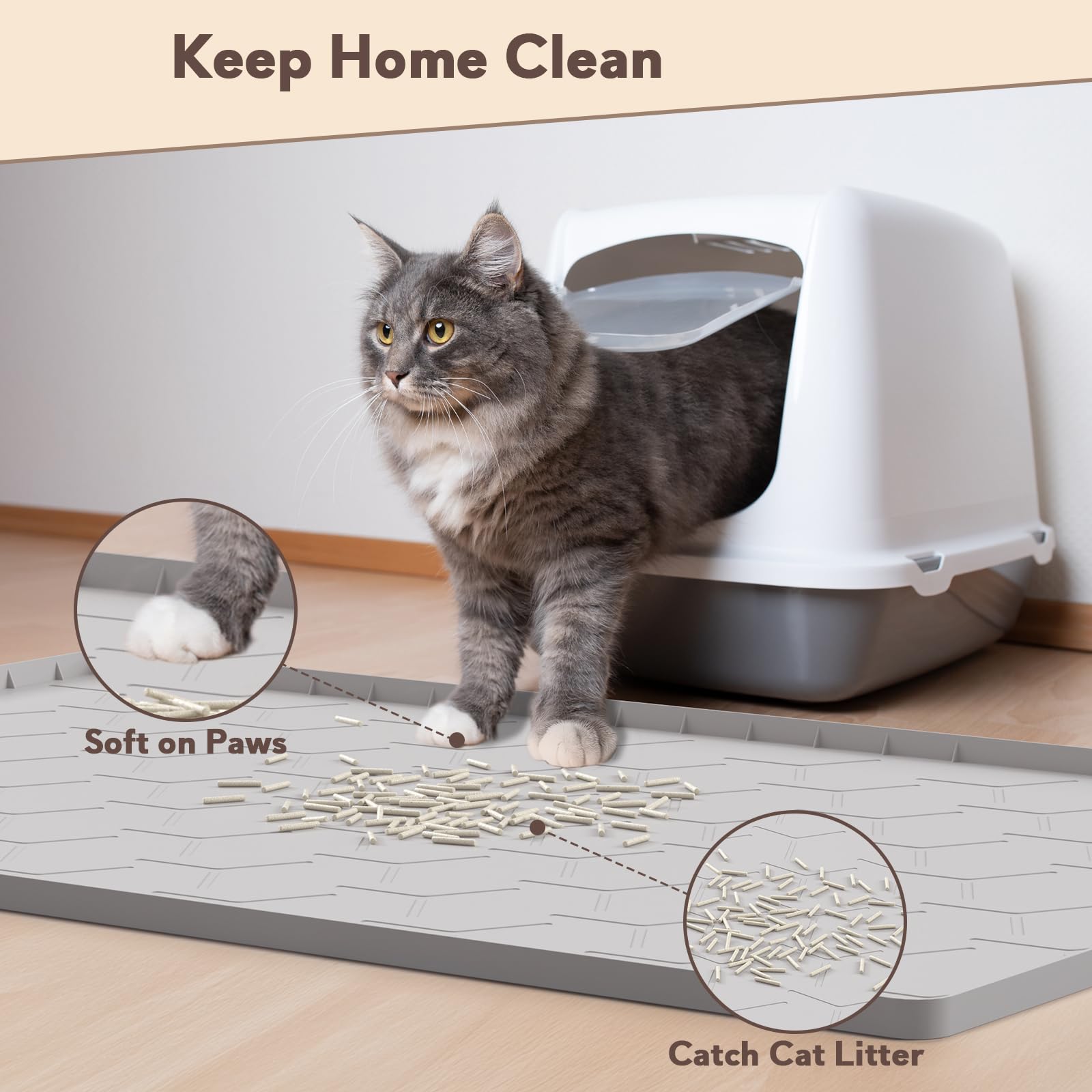 Garoopion Cat Litter Mat, Waterproof Silicone, Large 34" X 22", Gray