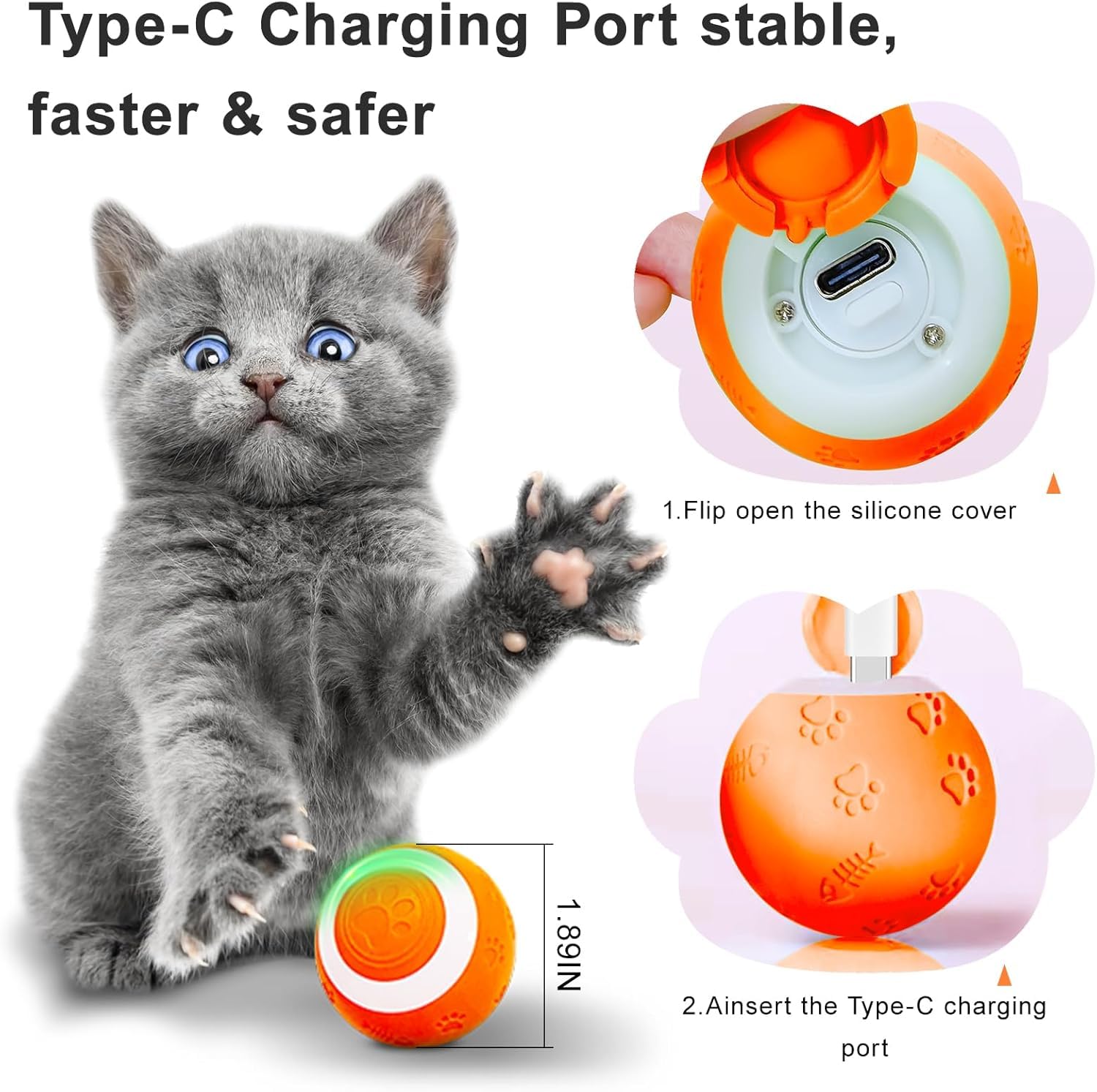 SEALON Electric Interactive Cat Toy Ball - Indoor Play Ball for Cats 6 Months, Orange, Fun & Exercise for Weight Loss, 1 Pack