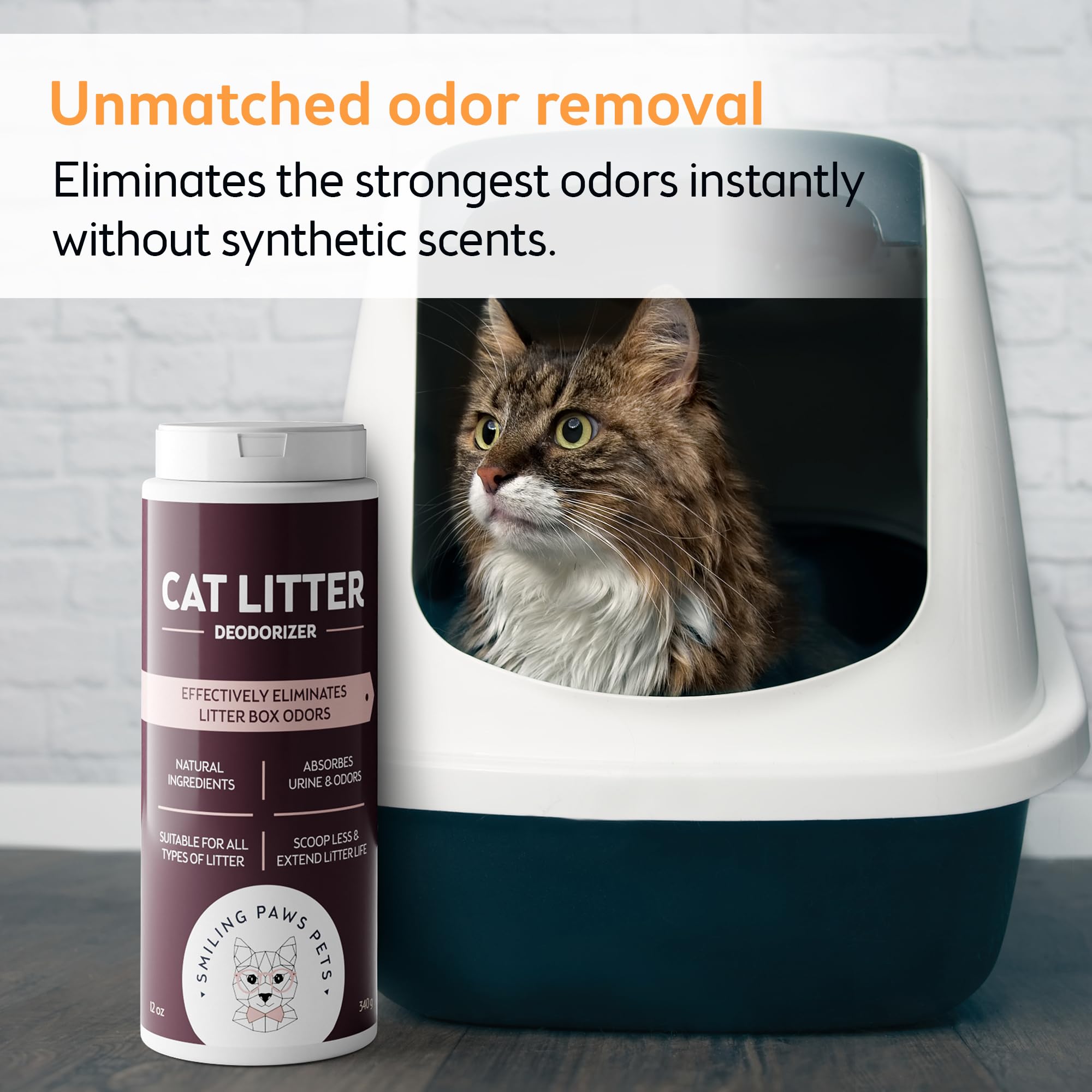 Smiling Paws Pets Organic Cat Litter Deodorizer - Kitty Litter Deodorizer, Box Scent Remover, & Moisture Absorber - 3-In-1 Odor