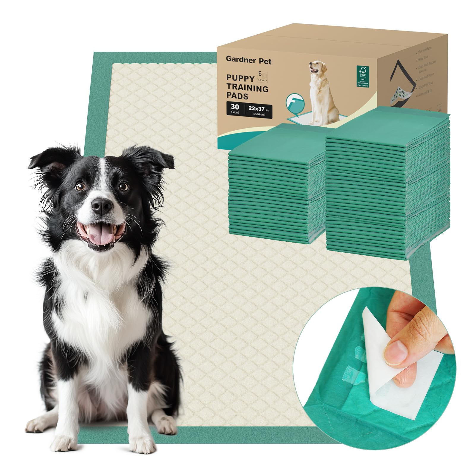 Gardner Pet Dog Pee Pads Extra Large 22x37, 30 Count, Puppy Pee Pads with Adhesive Sticky Tape, Leak Prevention Disposable Train