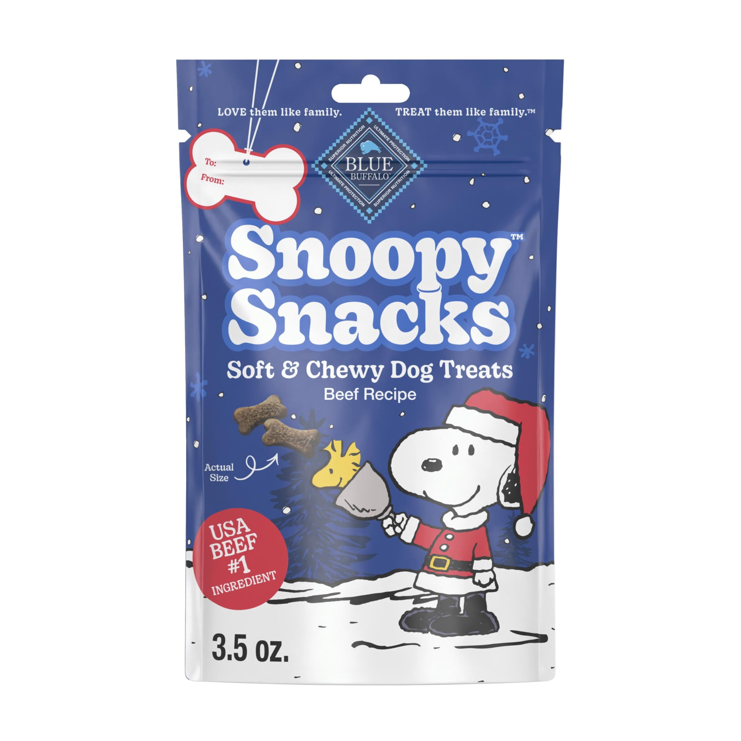 Blue Buffalo Snoopy Snacks Soft & Chewy Dog Treats, Holiday Stocking Stuffers for Dogs, Beef Recipe, 3.5oz. Bag