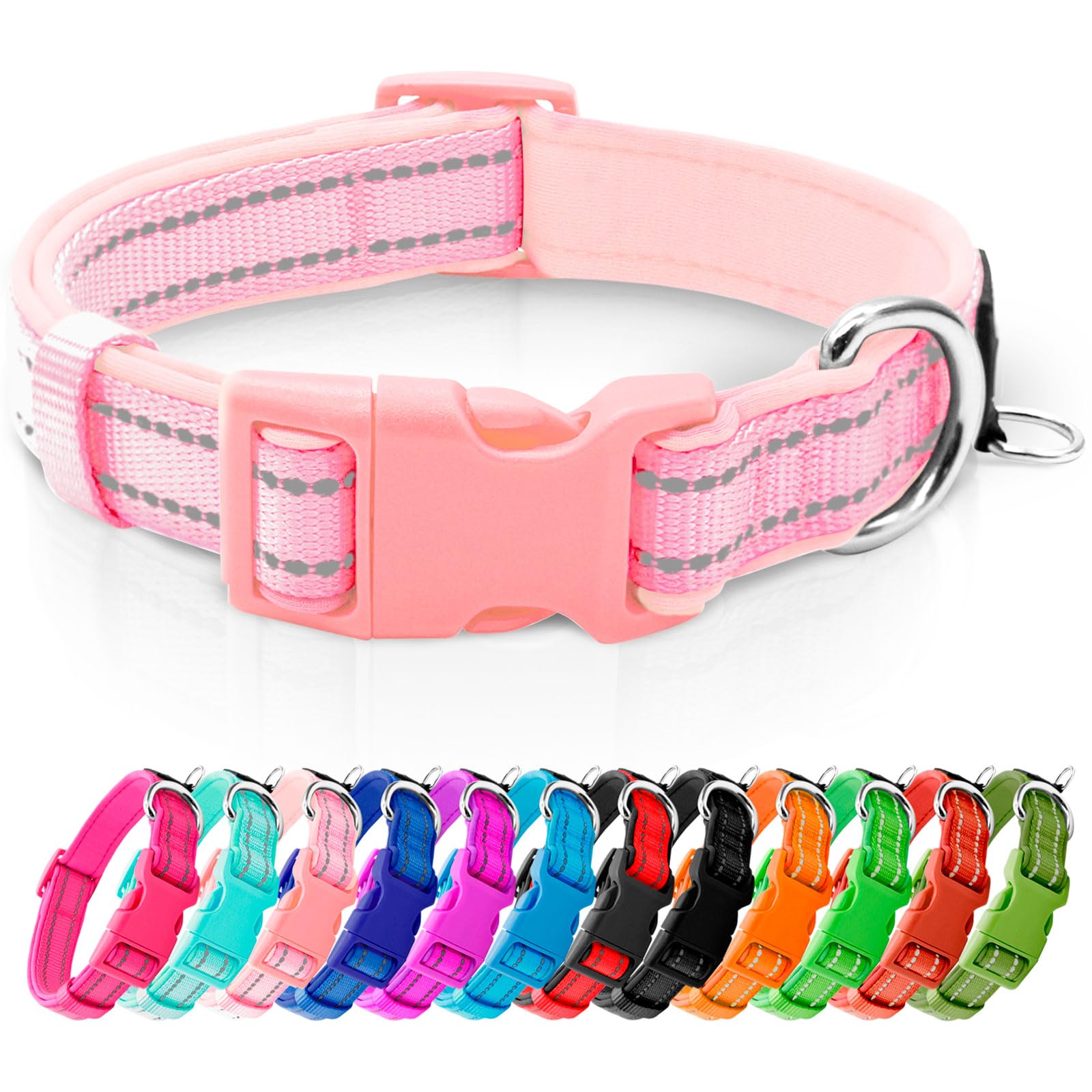 Azuza Reflective Dog Collar,Soft Neoprene Padded Pet Collar With Id Tag Ring,Adjustable For Large Dogs,Pink,L