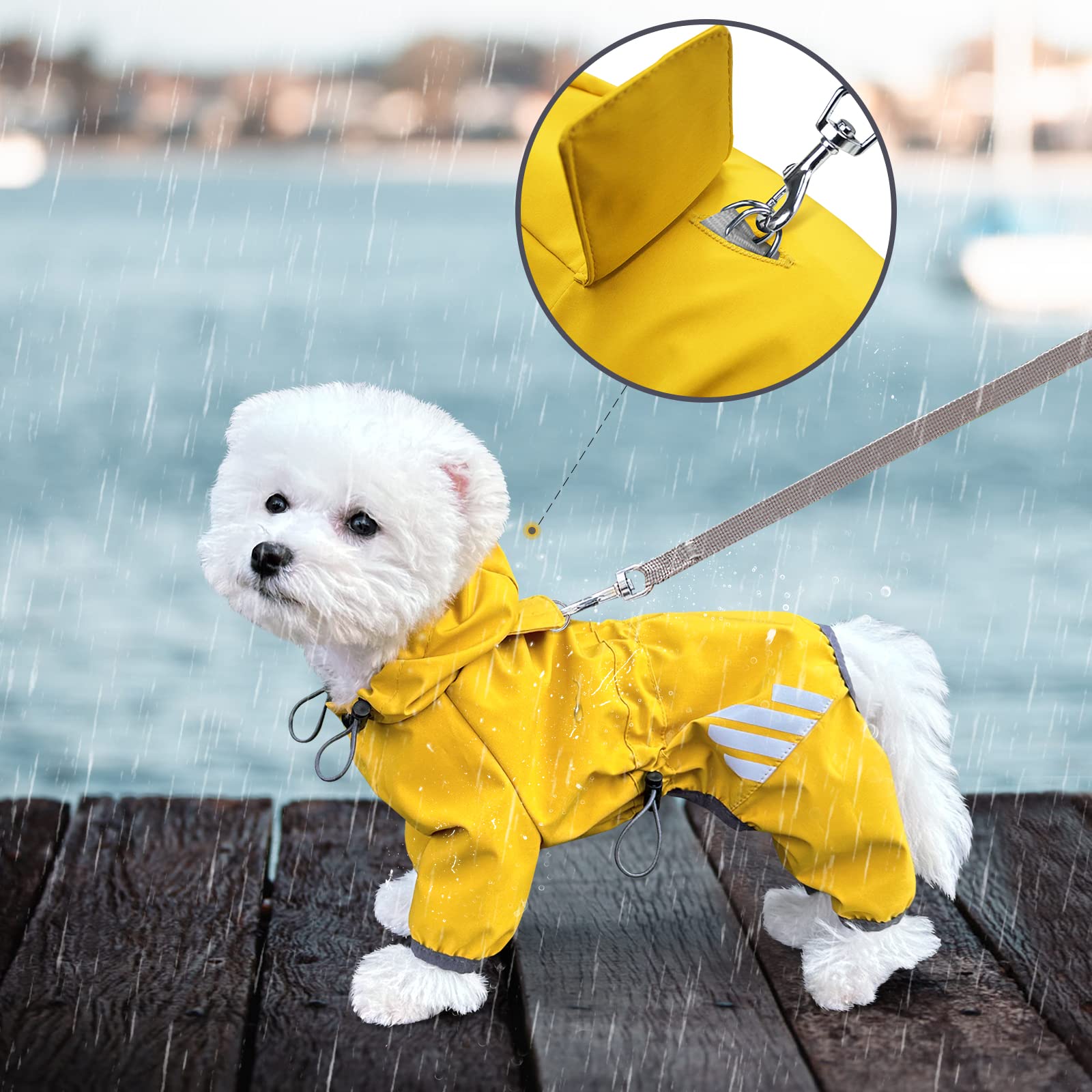 Dog Raincoat, Waterproof Dog Rain Jacket with Hood, Dog Rain Coat with Leash Hole, Reflective Strap for Small Medium Dogs, Light