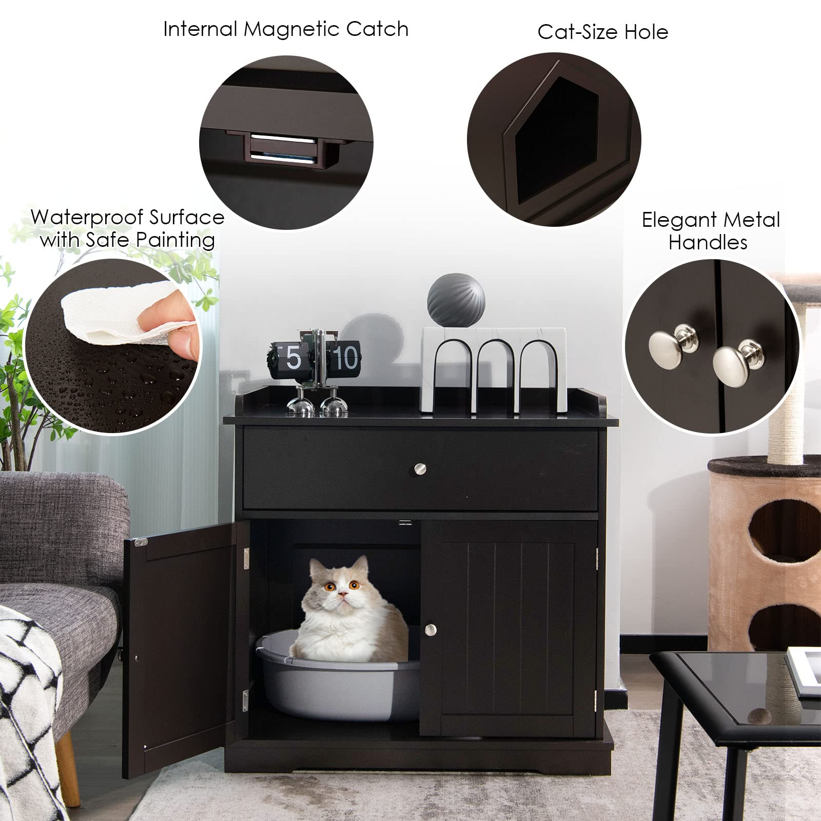 PETSITE Cat Litter Box Enclosure, Large Cat Washroom End Table with Drawer & 2 Doors, Wooden Cat House Storage Cabinet, Hidden L