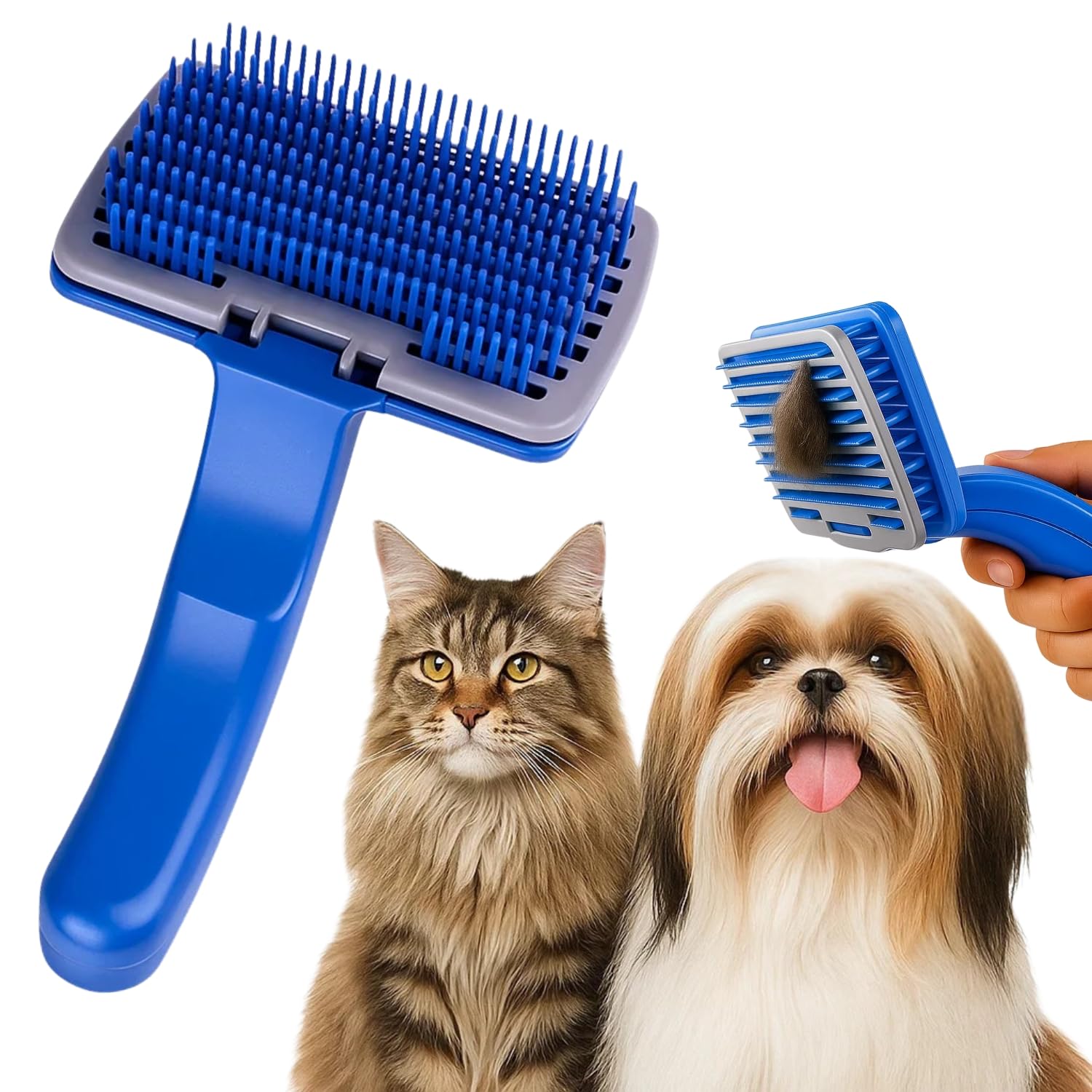Sage Square 14Cm Self Cleaning Slicker Comb For Dogs & Cats | Handle Press Button To Remove Hair | Tangle Remover Deshedding Bru