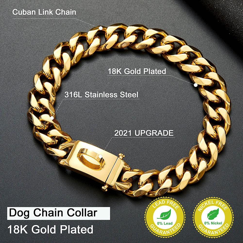 Gold Dog Chain Collar Walking Metal Chain Collar with Design Secure Buckle,18K Cuban Link Strong Heavy Duty Chew Proof for Large