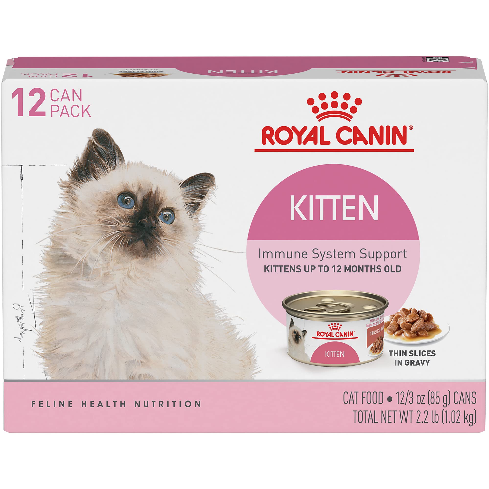 Royal Canin Feline Health Nutrition Kitten Thin Slices in Gravy Canned Cat Food, 3 oz cans 12-pack