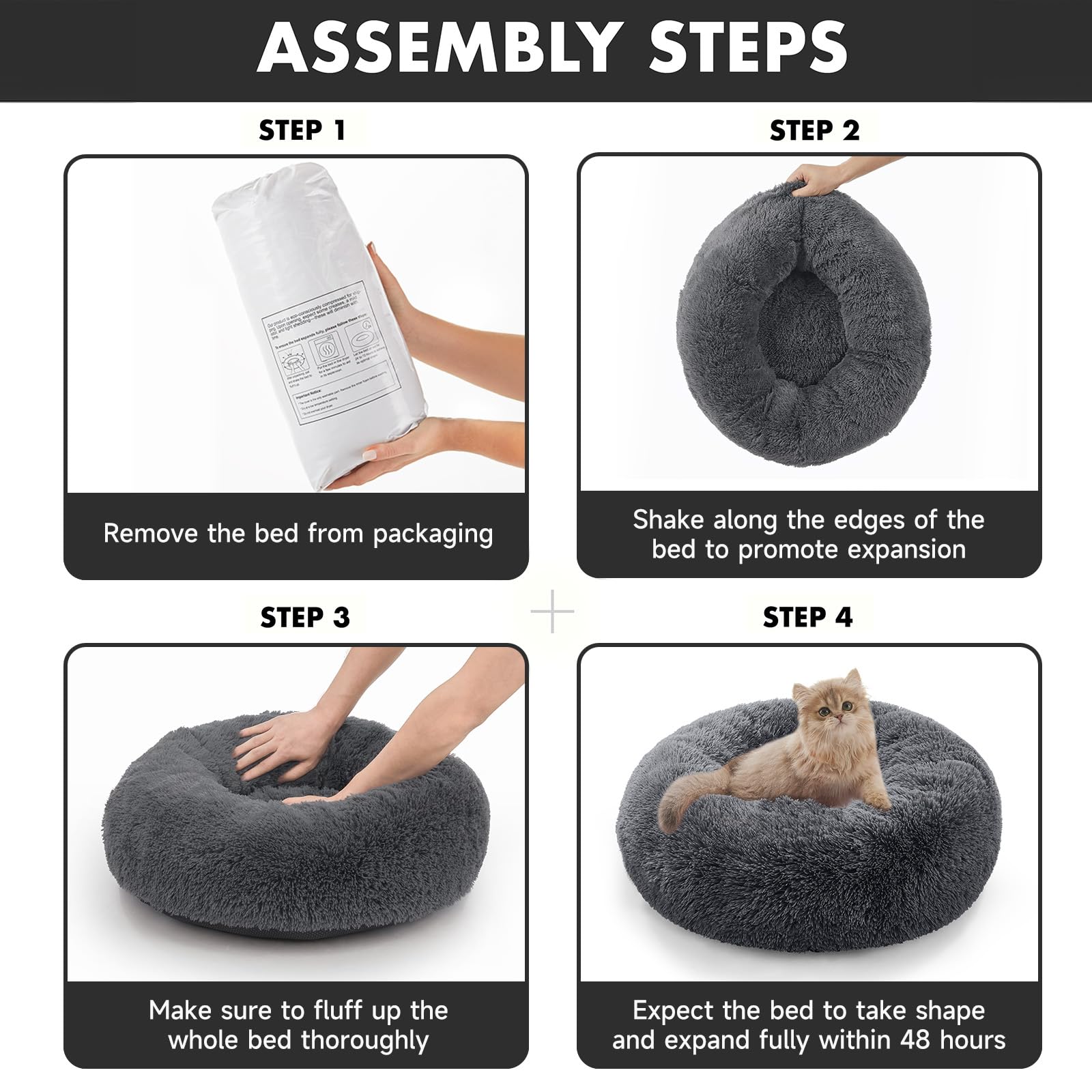 Ohgeni Calming Donut Cat Bed Pillow For Small Pets, Machine Washable Removable Cover, Comfort Plush Fluffy Faux Fur With Anti-Slip Bottom, Dogs-Friendly Round Cuddly Design, Gray, 20 Inches