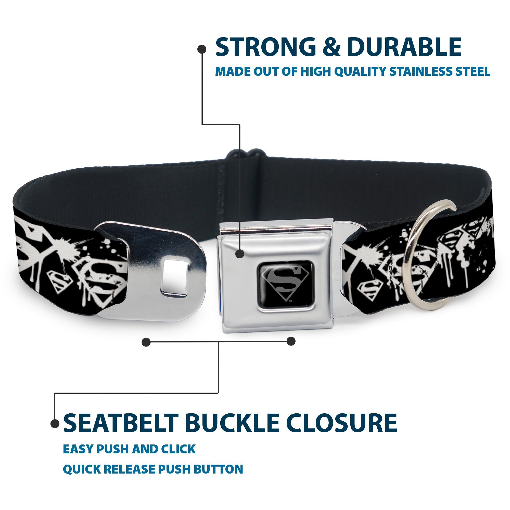 Buckle-Down Seatbelt Buckle Dog Collar - Superman Shield Splatter Black/White - 1.5' Wide - Fits 16-23' Neck - Medium