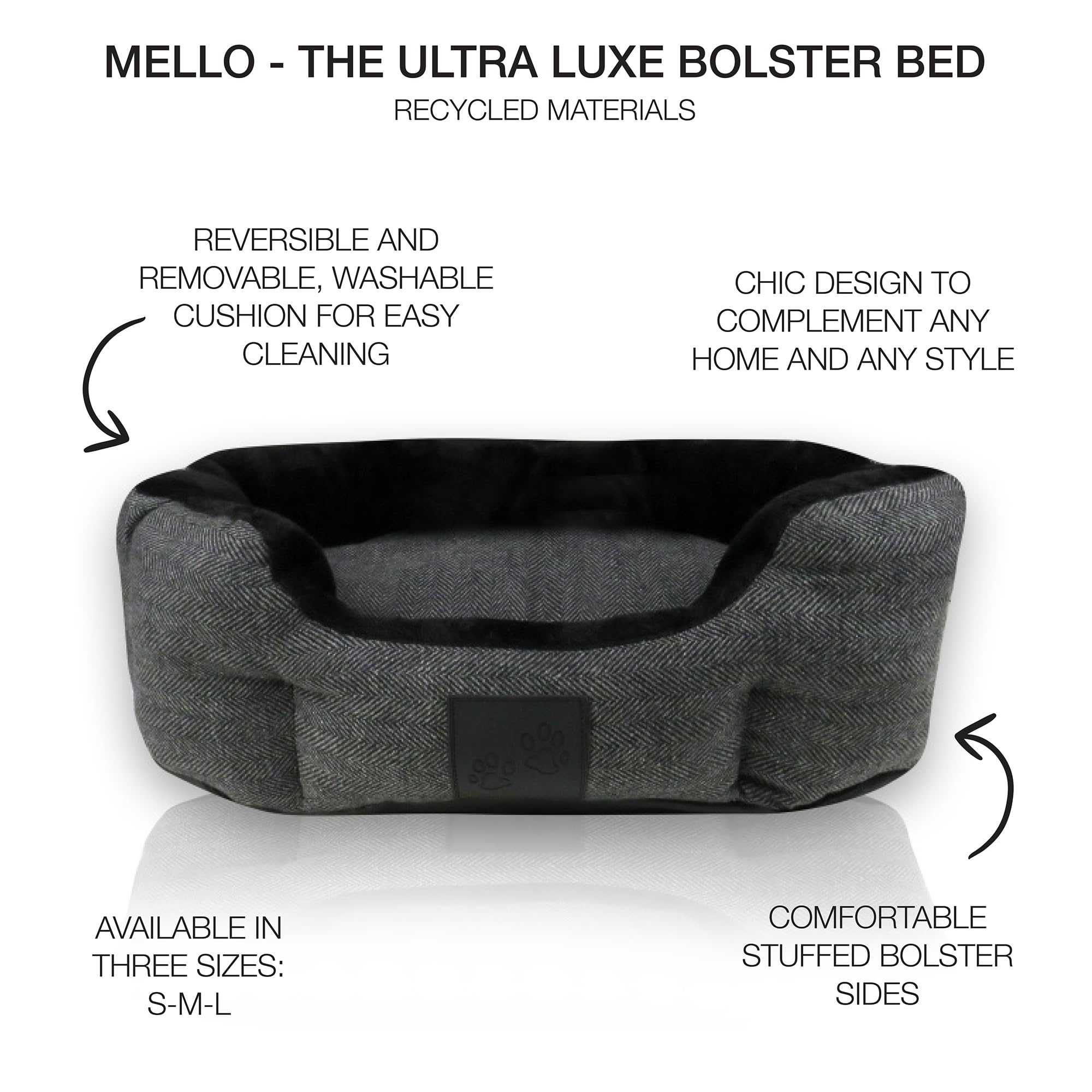 Pet Passion Mello- The Ultra Luxe Bolster Dog Bed With Removable Washable Pillow For All Pet Breeds, Charcoal Tweed, Large