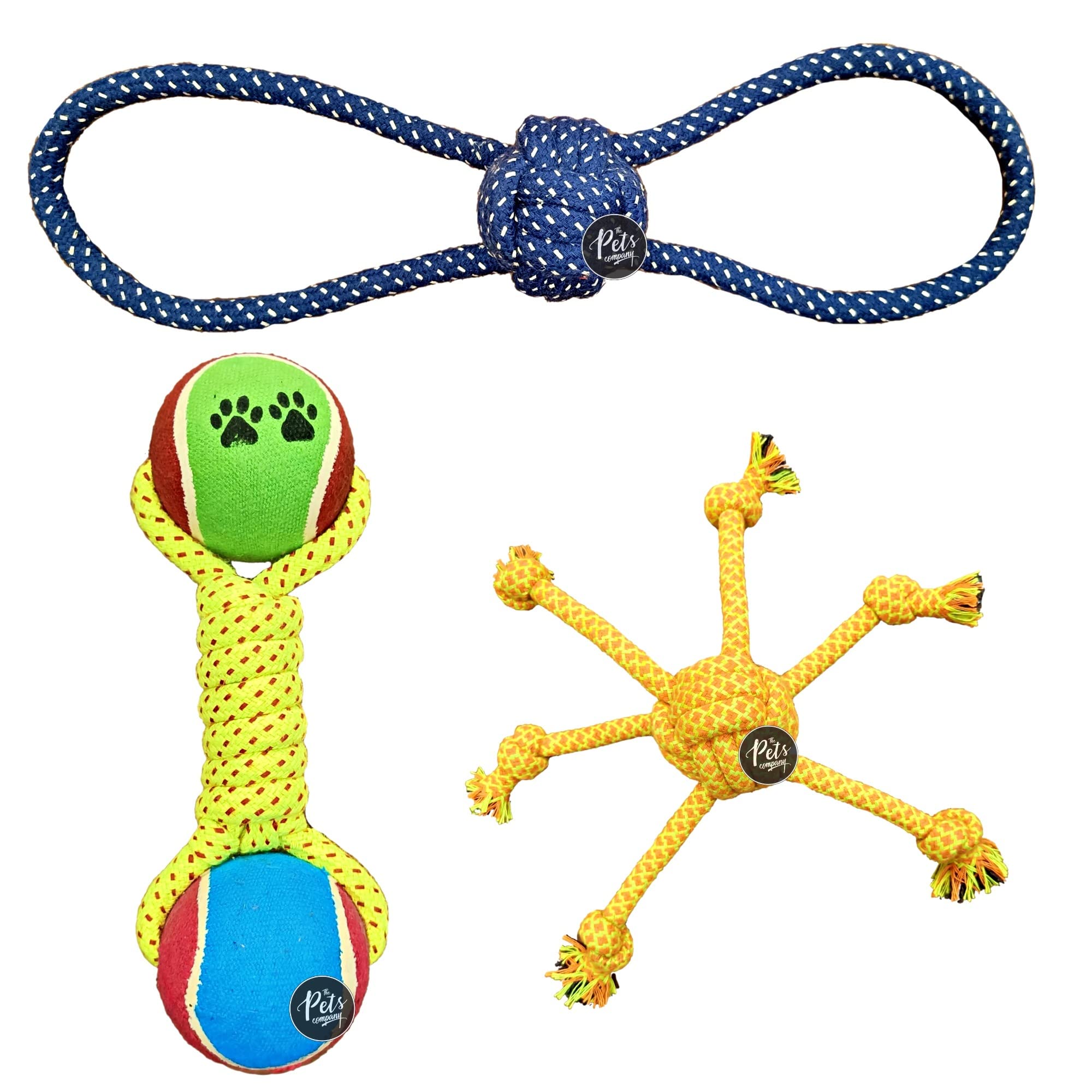 The Pets Company Dog Chew Toys For Puppy Teething & Training (Tennis Ball + Spider 6 Legs + Infinity Loop), Dog Rope Toy Combo O