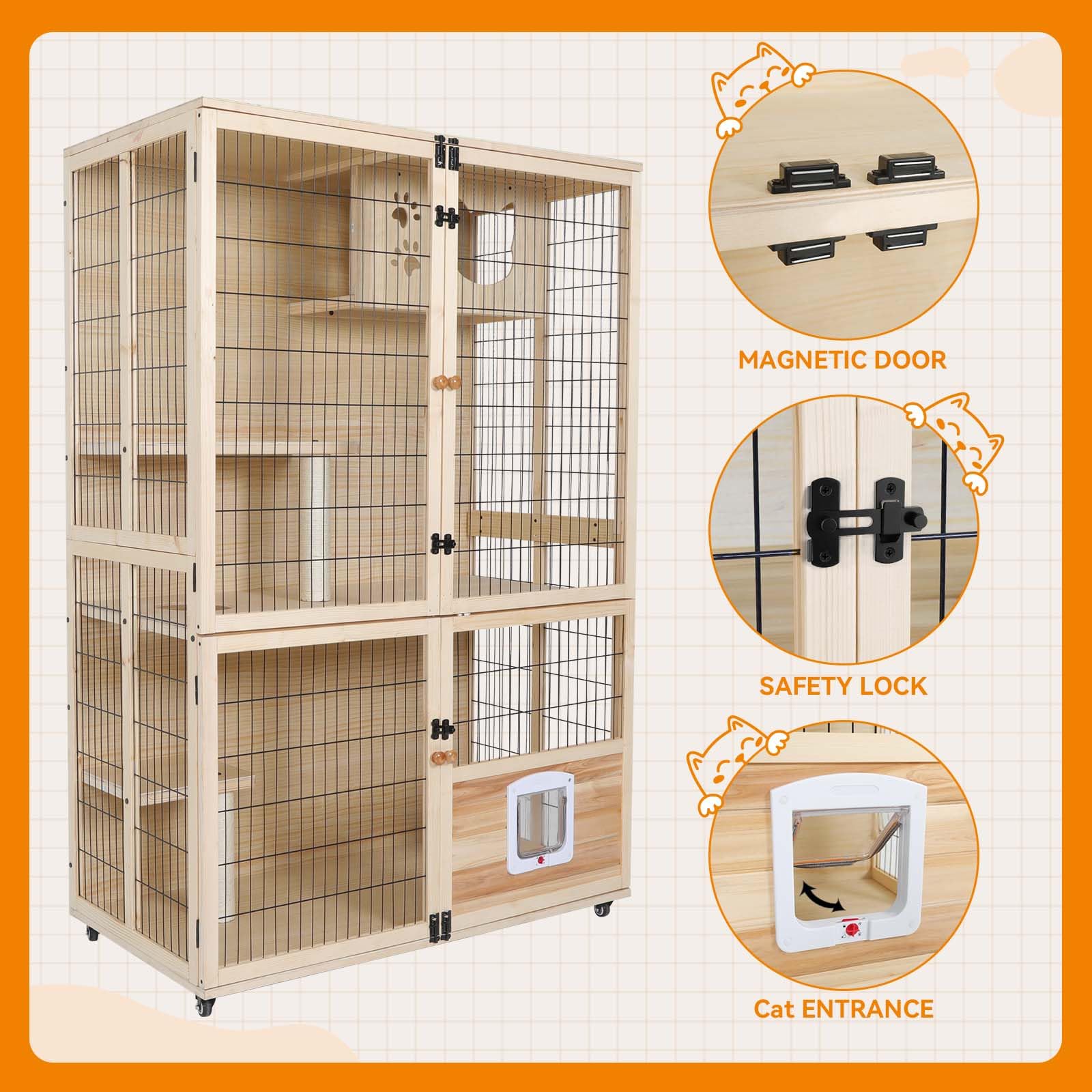 Pantazo Wooden Cat House Large Space Cats Cage With Scratching Post And Lockable Wheels Double Layer With Escape Door Outdoor/In
