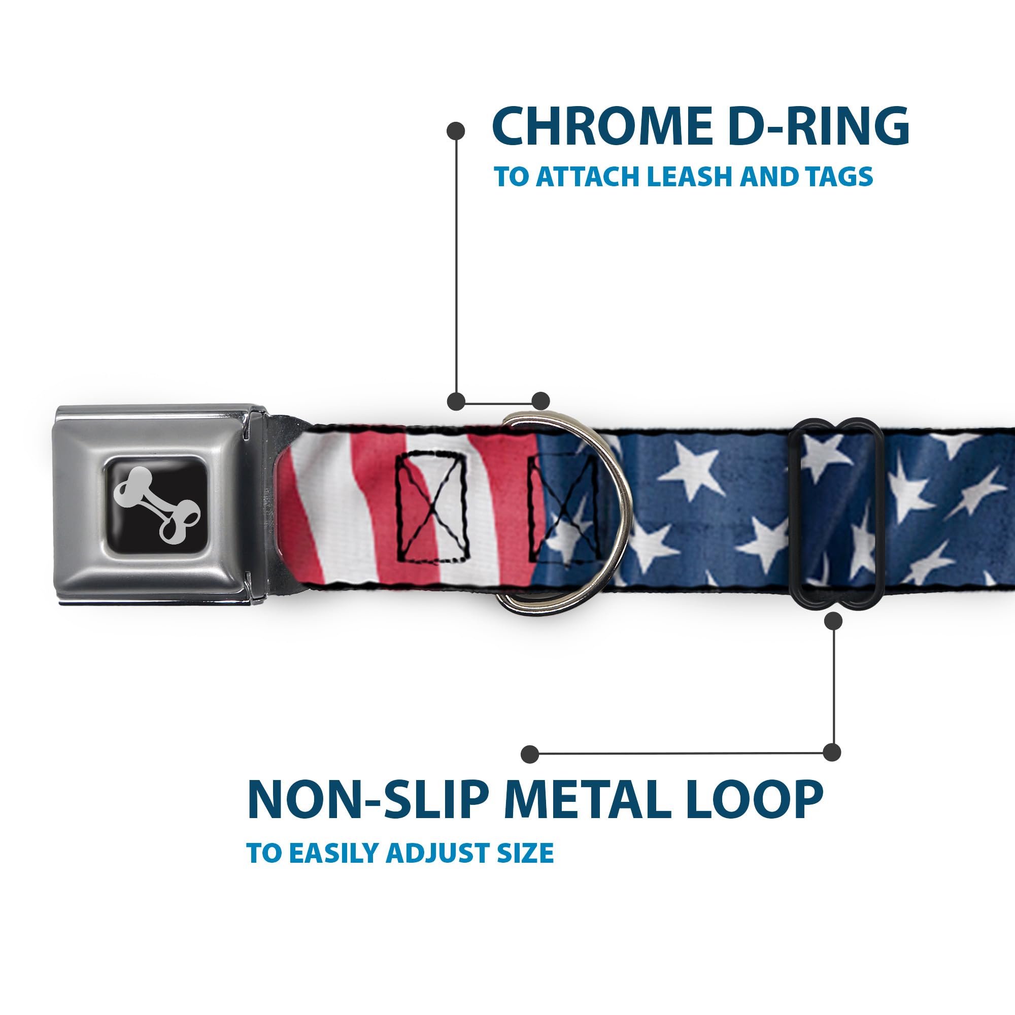 Dog Collar Seatbelt Buckle American Flag Vertical Close Up 16 To 23 Inches 1.5 Inch Wide