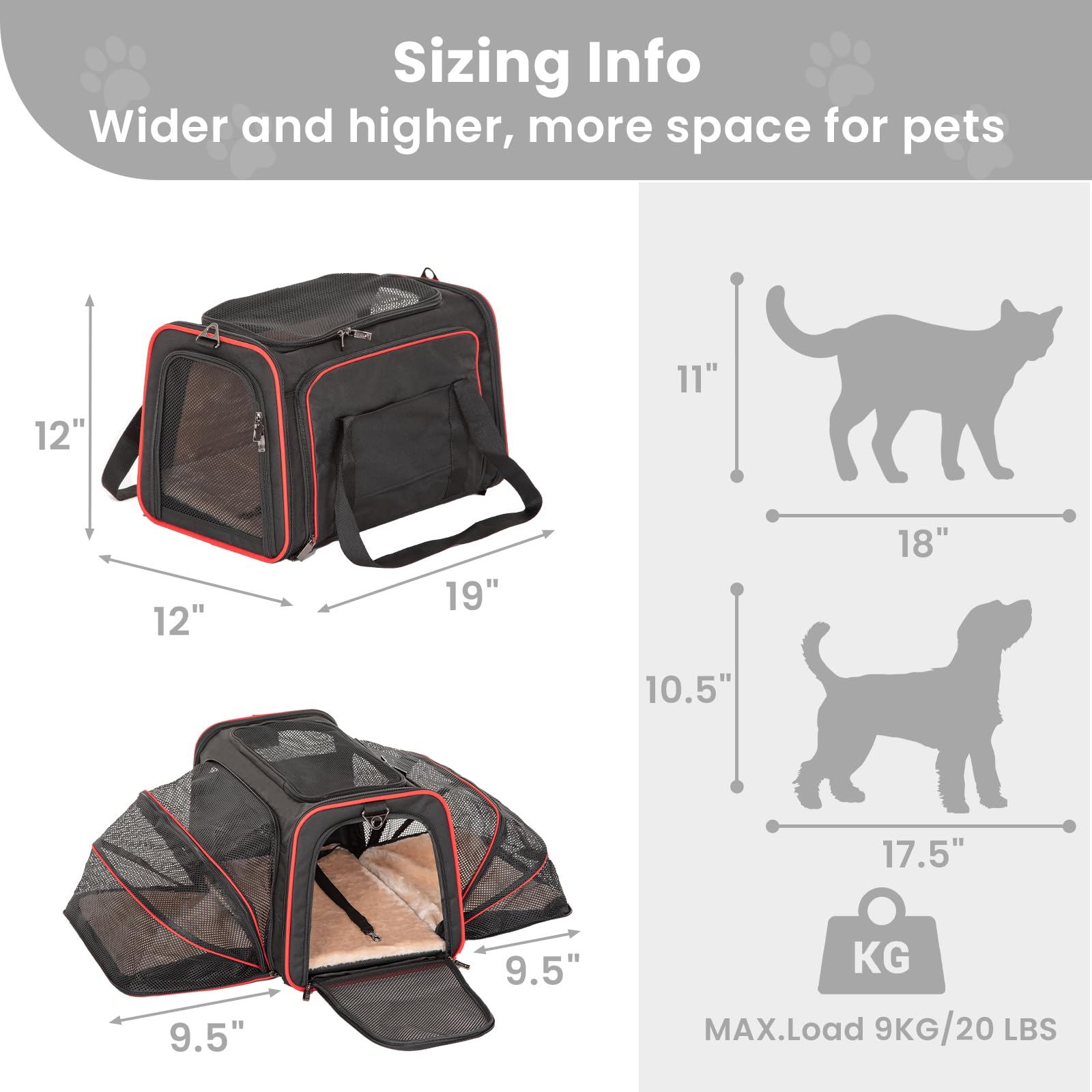 Petsfit Expandable Cat Carrier Large For 2 Cats, Soft-Sided Pet Carrier, 19X12X12 Inches, 2 Extensions For Adding Comfort, Fit F