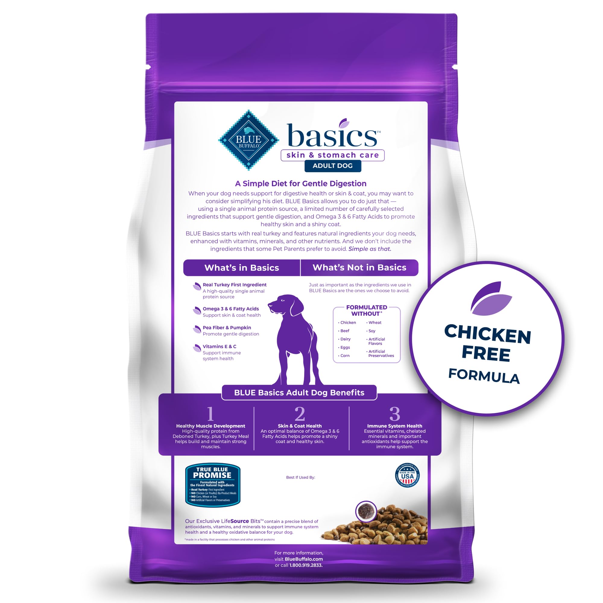 Blue Buffalo Basics Skin & Stomach Care, Grain Free Natural Adult Dry Dog Food, Turkey & Potato 4-lb