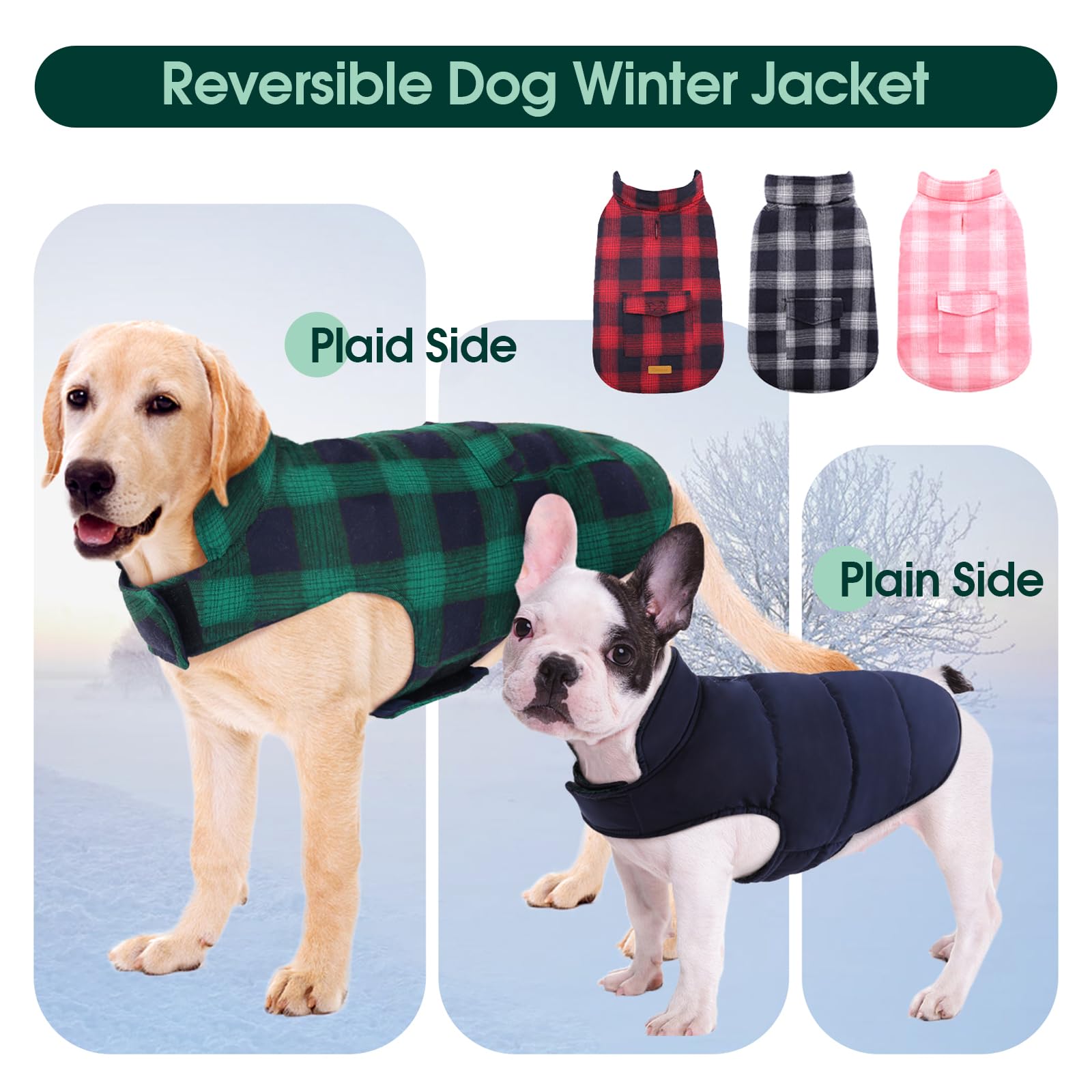 Kuoser Reversible Winter Coat, British Style Jacket For Small Medium Large Dogs, Windproof Warm Puppy Cold Weather Clothes Vest