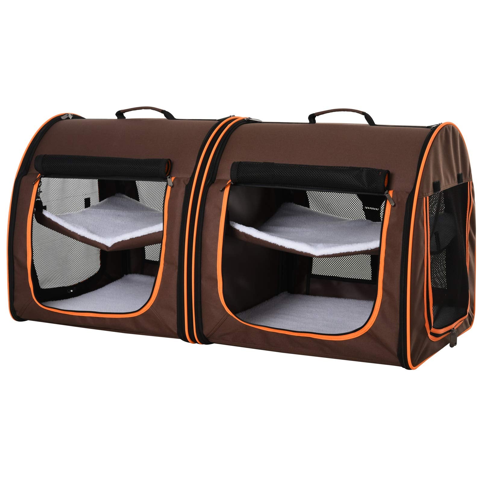 Pawhut 39' Portable Soft-Sided Cat Carrier, Travel Pet Carrier With Divider, Two Compartments, Soft Cushions, & Storage Bag, Brown