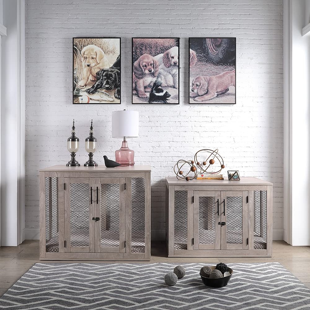 Unipaws Furniture Dog Crate With Tray For Medium Dogs, Indoor Aesthetic Puppy Kennel Pet House Dog Cage With Door, Modern Decorative Wood Pretty Cute Fancy End Side Table Nightstand, Grey