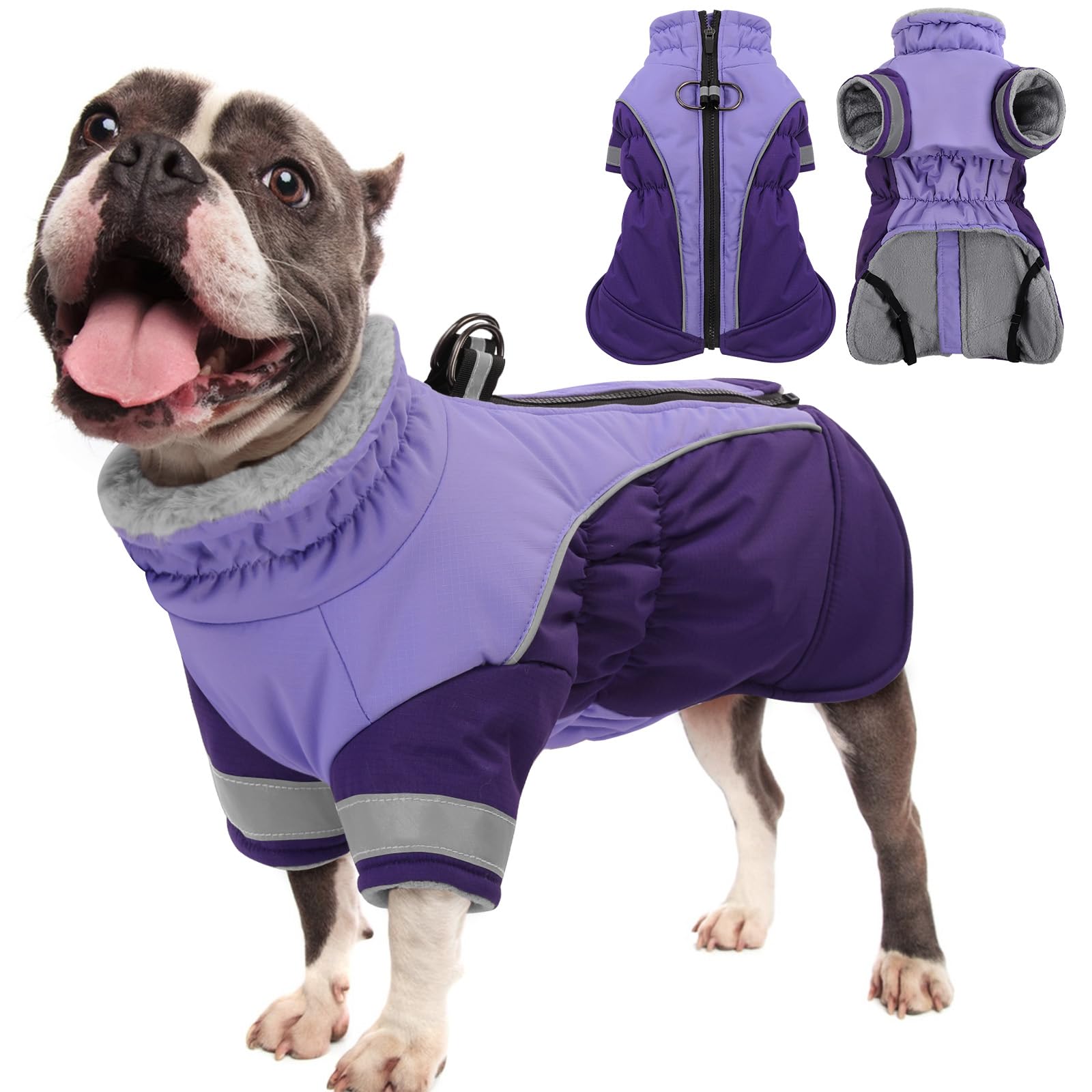 Sunfura Dog Coat - Two Legged Pet Winter Coat - Turtleneck Fleece Snow Jacket With Harness - Zipped Up Reflective Pet Puffer Jac