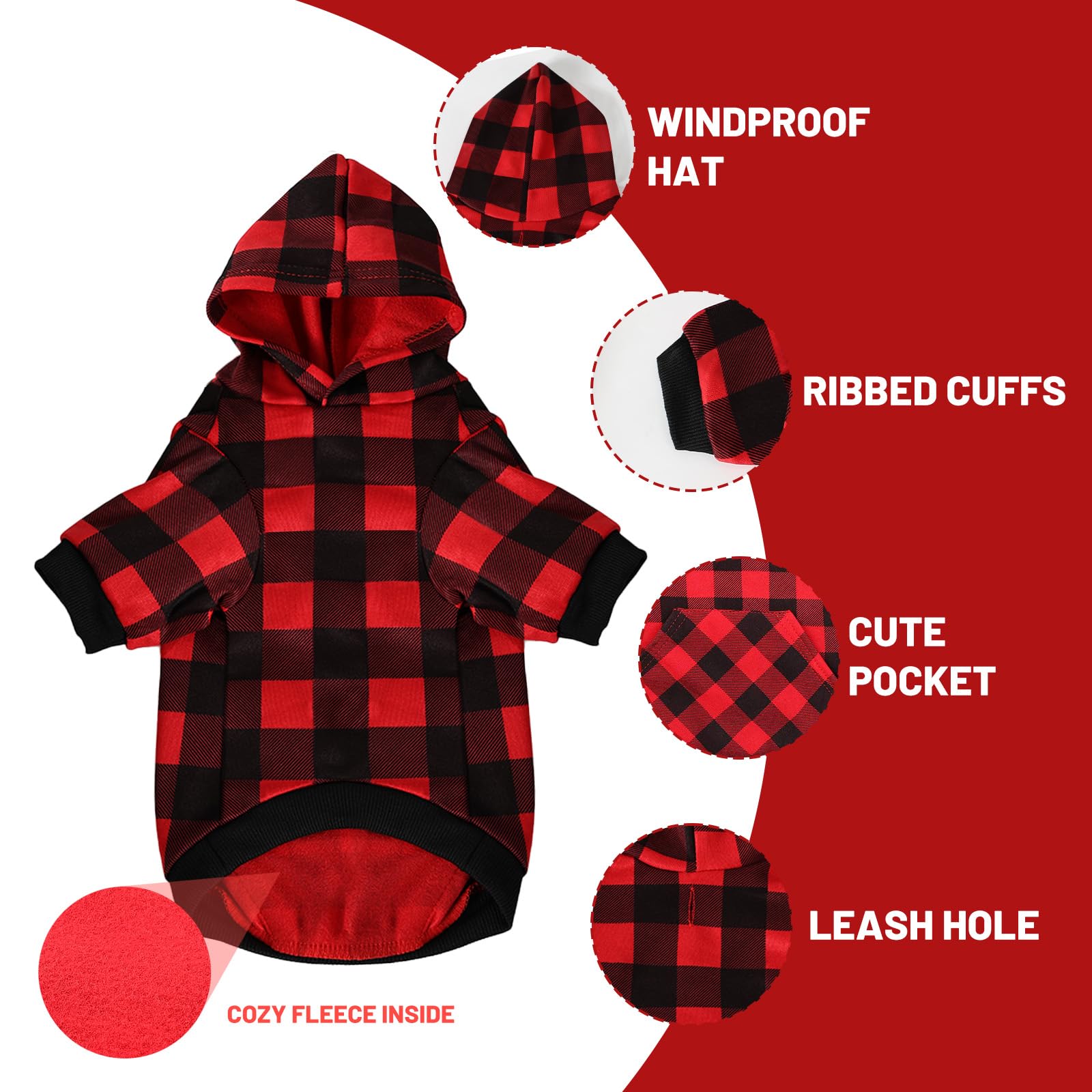 Plaid Dog Hoodie Sweatshirt, Soft Fleece Dog Warm Coat With Pocket, Medium Size For Dogs & Cats