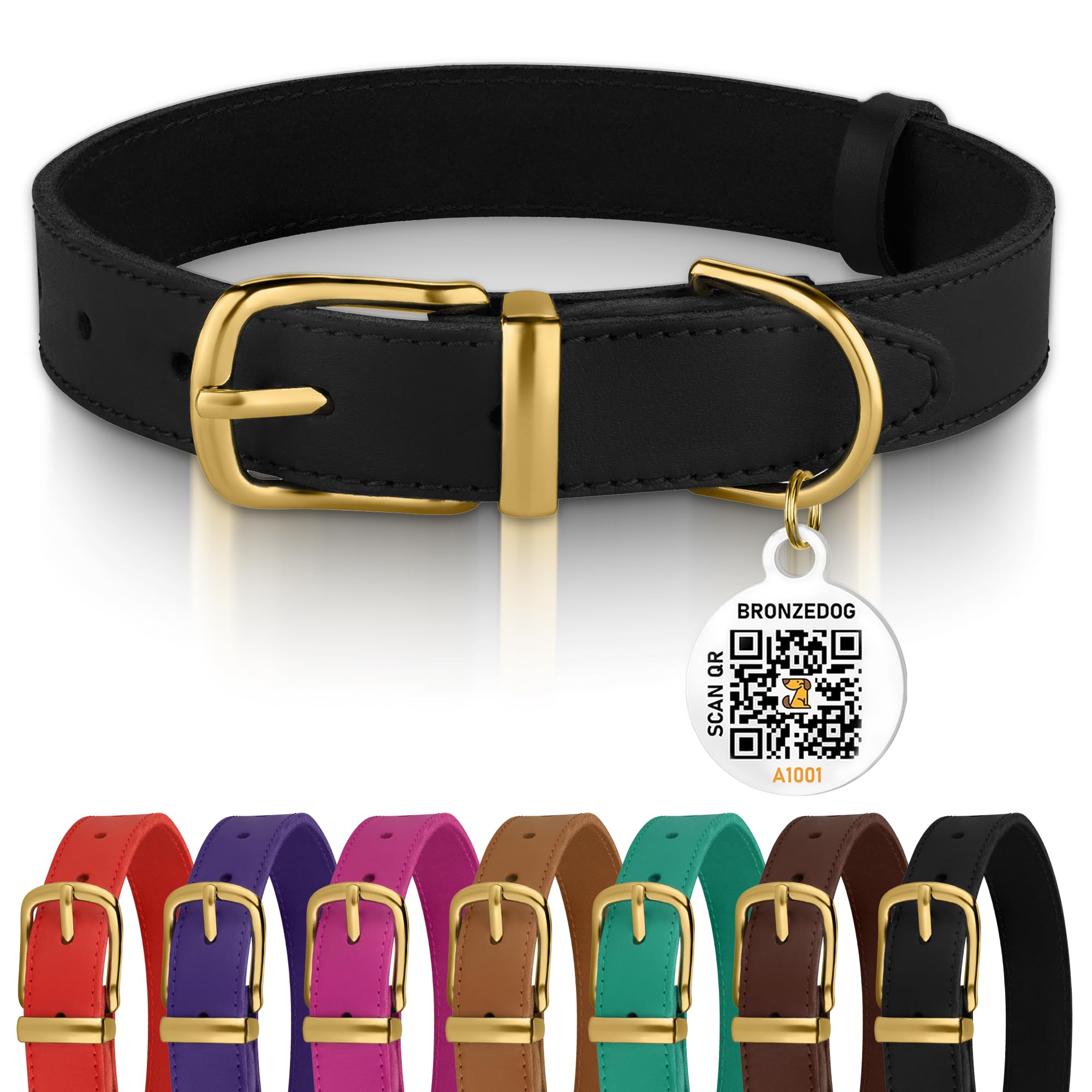 Bronzedog Leather Dog Collar With Qr Id Tag Basic Pet Collars For Small Mini Dogs Cats Puppies (9-11 Inch (Pack Of 1), Black & G