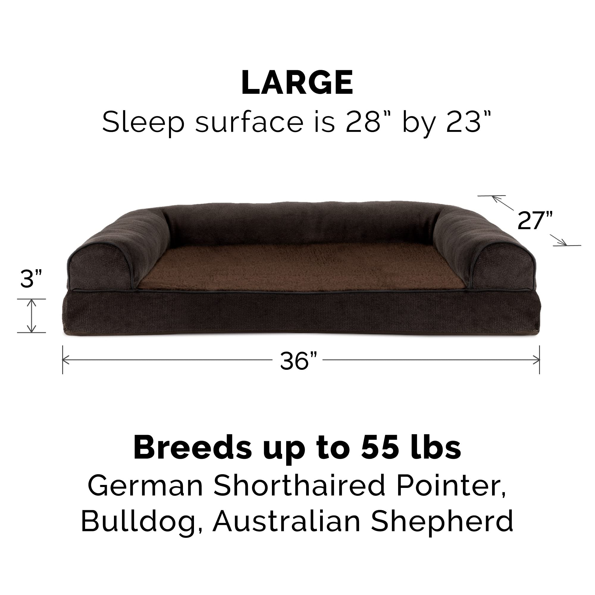 Furhaven Large Orthopedic Dog Bed Sherpa & Chenille Sofa-Style W/ Removable Washable Cover - Coffee, Large