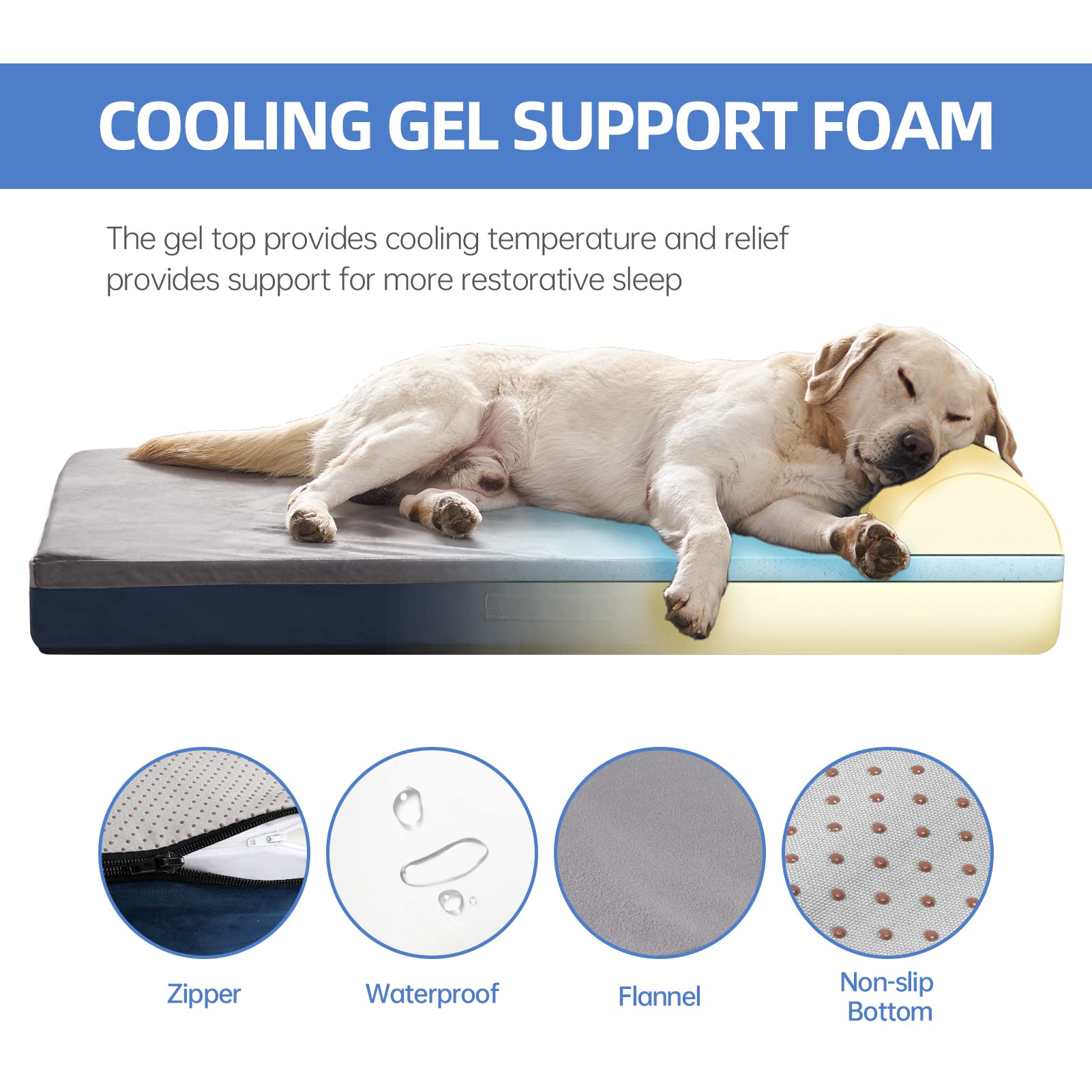 Orthopedic Dog Bed, Large Dog Bed With Pillow, Thicken Gel Memory Foam Flannel Fabric Dog Bed, Durable Waterproof Liner & Removable Washable Cover With Anti-Slip Bottom, Sizes Large