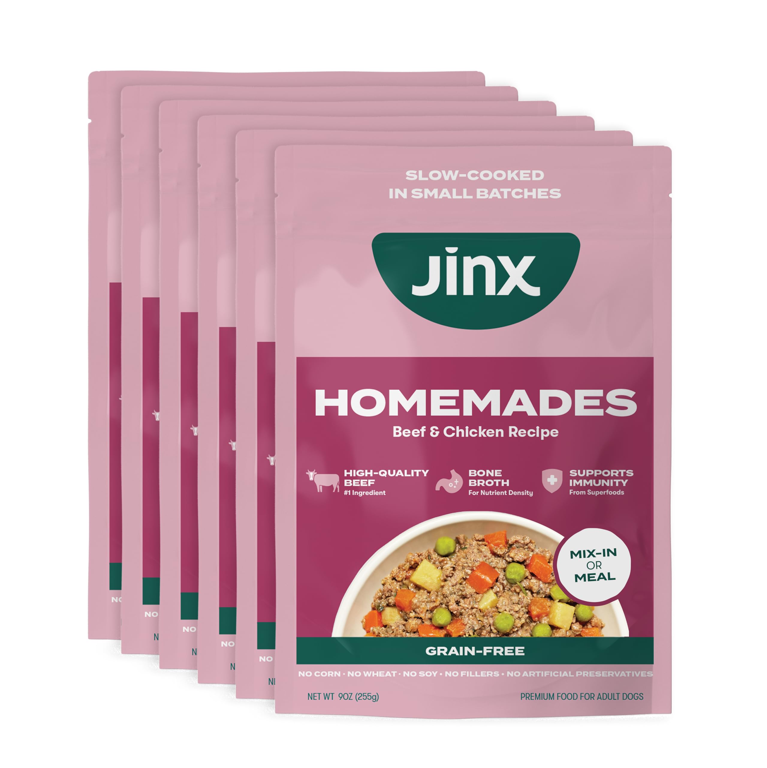 Jinx Beef Grain Free Wet Dog Food Pouches, Meal or Dog Food Topper Mix-in, Made with Real Beef & Chicken, Bone Broth, No Fillers
