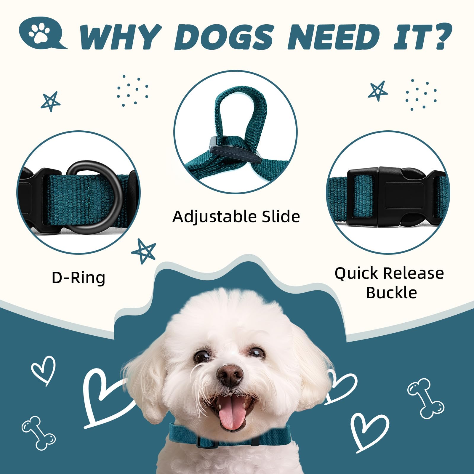 Pawhuggies Blue Dog Collar For Medium Size Dog, Breathable, Anti-Odor & Soft, Comfortable For Sensitive Skin Puppies, 90% Bamboo