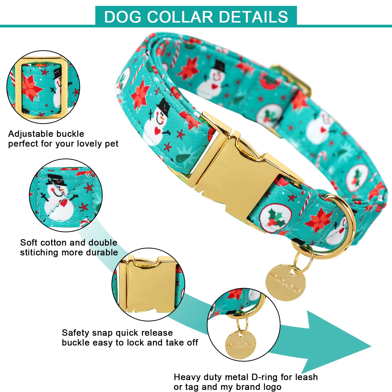 Up Urara Pup Christmas Dog Collar, Cotton Christmas For Puppy To Cat, Green With Metal Buckle, Snowman Gift, Xs, Neck 8-12In