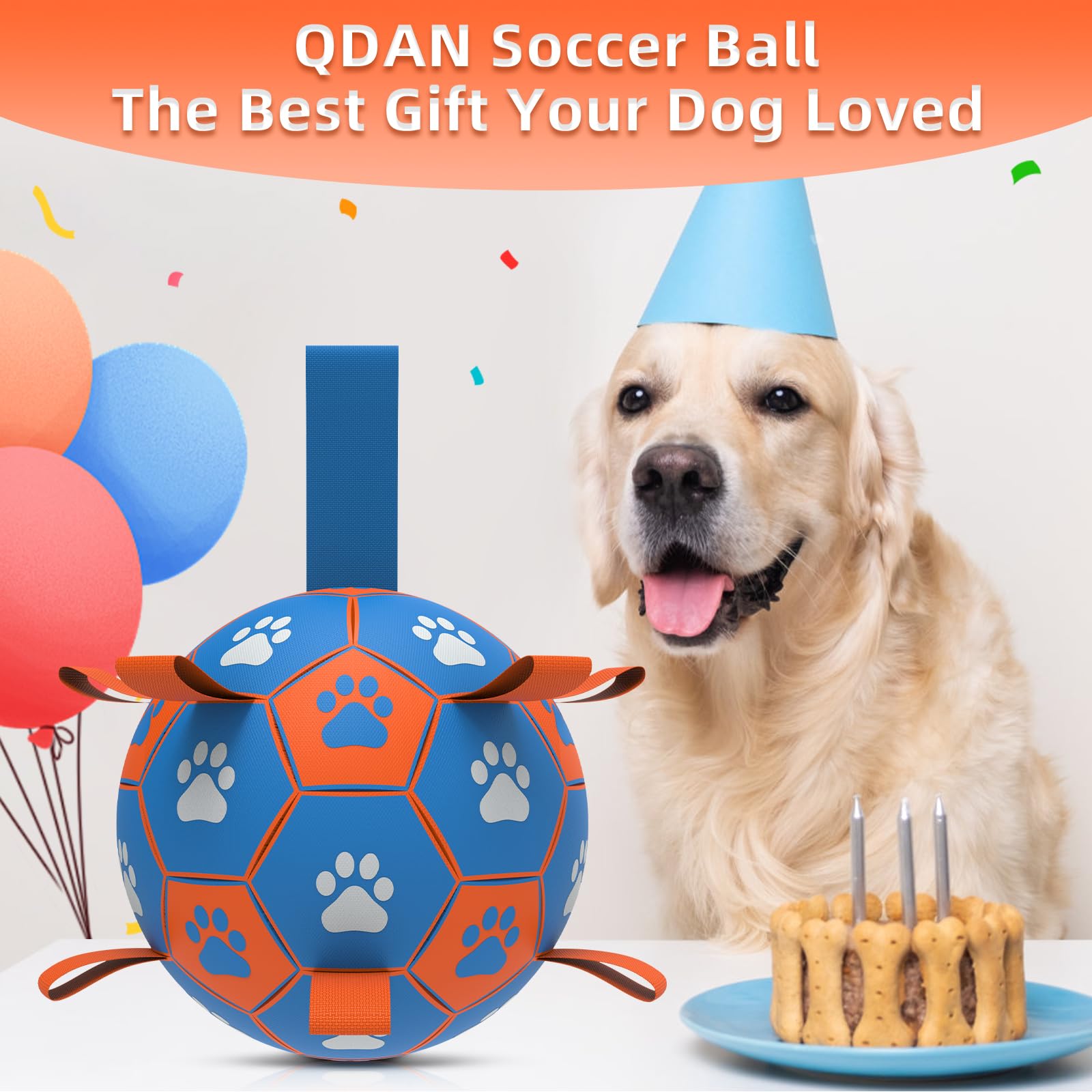 QDAN Dog Tug Toy - Interactive Soccer Ball with Straps, Durable PU Leather, Large Size, Blue & Orange, Perfect for Tug of War and Water Play