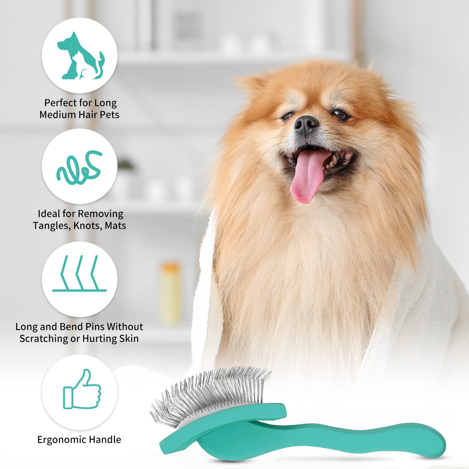 WOPQAEM Slicker Brush for Dogs, Long Pin Dog Grooming Brush for Goldendoodles, Poodles, Doodles & More, Includes Bonus Pet Comb,