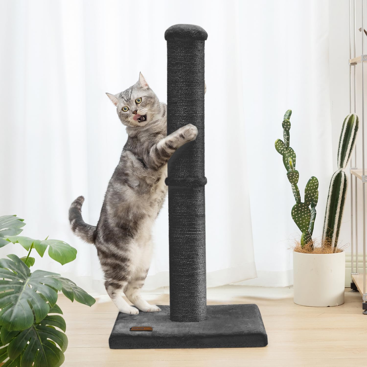 Karolpar 34" Cat Scratching Post, Large Diameter 4.3", Natural Sisal Rope, Engineered Wood, Black - Model YY101-BK