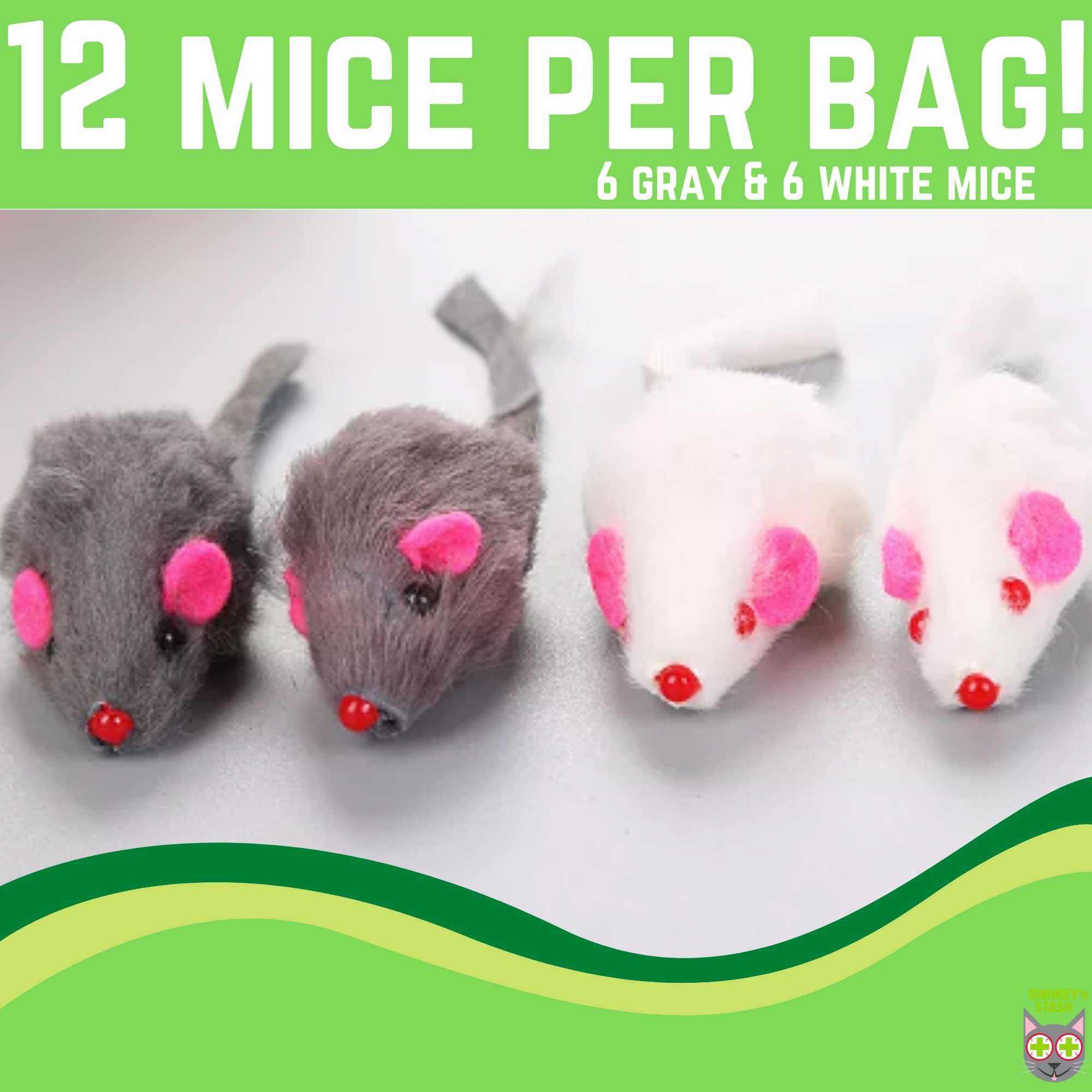 Smokey'S Stash Rabbit Fur Mouse Cat Toy 12 Per Pack White And Gray Fuzzy Toys For Cats With Rattle Realistic Fake Mice (12)