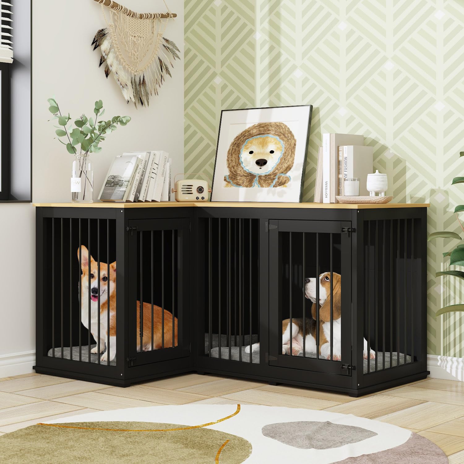 DAWNSPACES Corner Dog Crate Cage, Indoor Furniture Style Heavy Duty Dog Kennel House with Double Rooms & Removable Divider for L