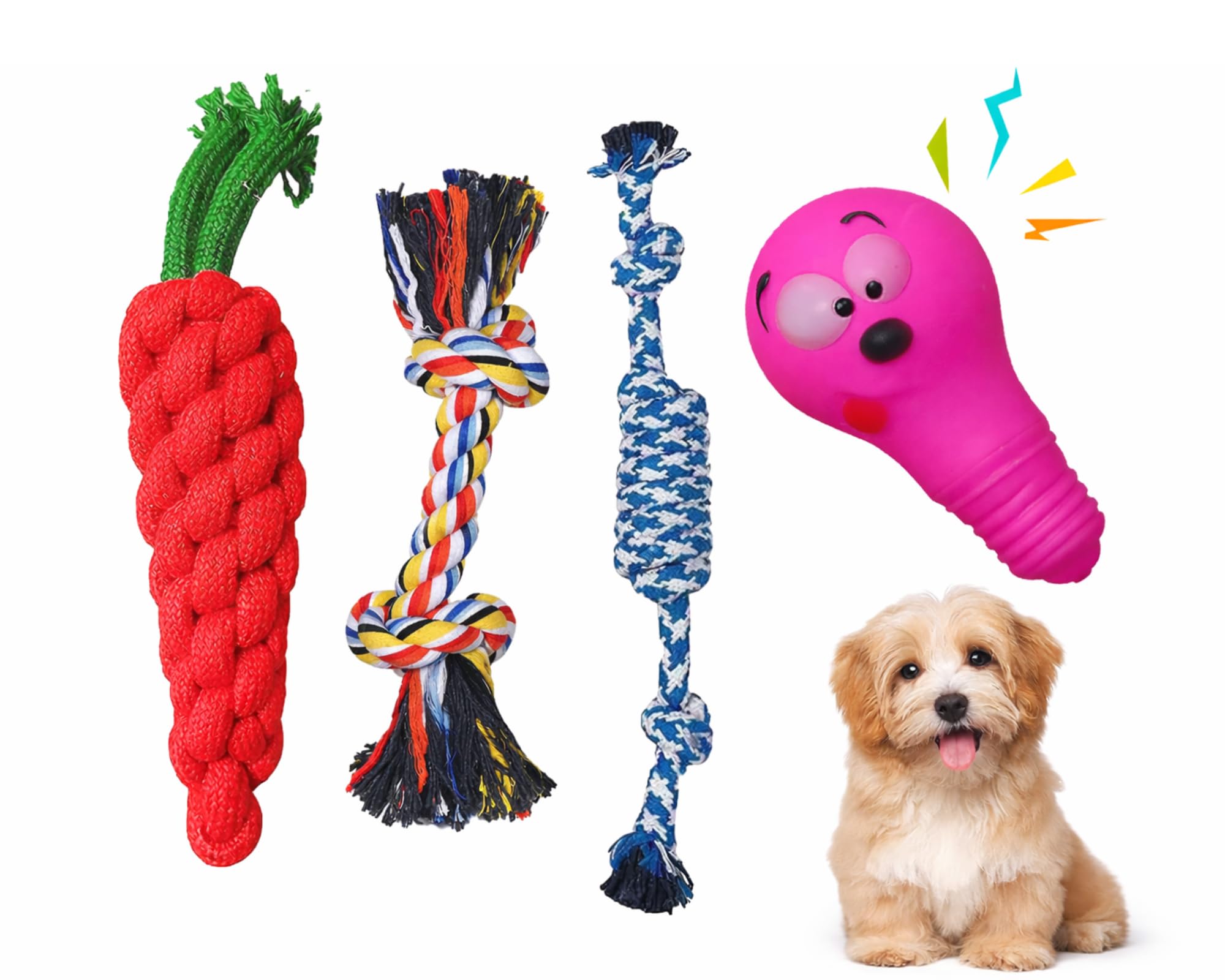 Kittupet Dog Dog Chew Toy Set Of 4  Durable Rope Toys & Squeaky Toy For Puppies And Small Dogs | Interactive Chew Toys For Teet