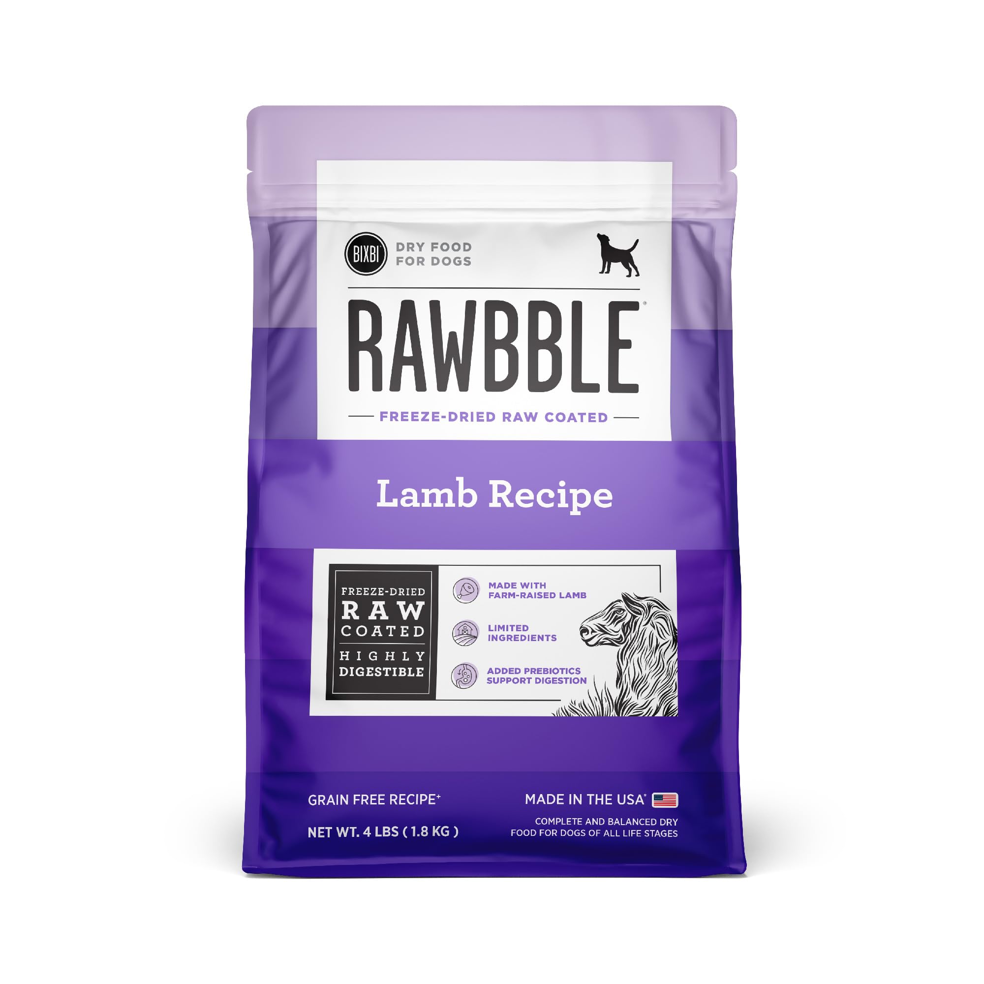 BIXBI Rawbble Dry Dog Food, Lamb, 4 lbs - USA Made with Fresh Meat - No Meat Meal & No Corn, Soy or Wheat - Freeze Dried Raw Coa