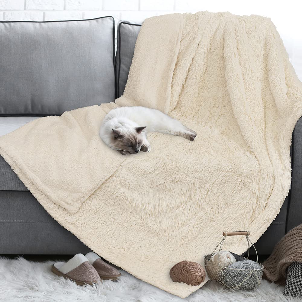 Petami Waterproof Dog Blanket For Bed Xl Dog Pet Blanket Couch Cover Protector, Sherpa Fleece Fuzzy Leakproof Blanket For Sofa Furniture Queen Bed Protection Reversible Soft Fluffy, 90X90 Cream Beige