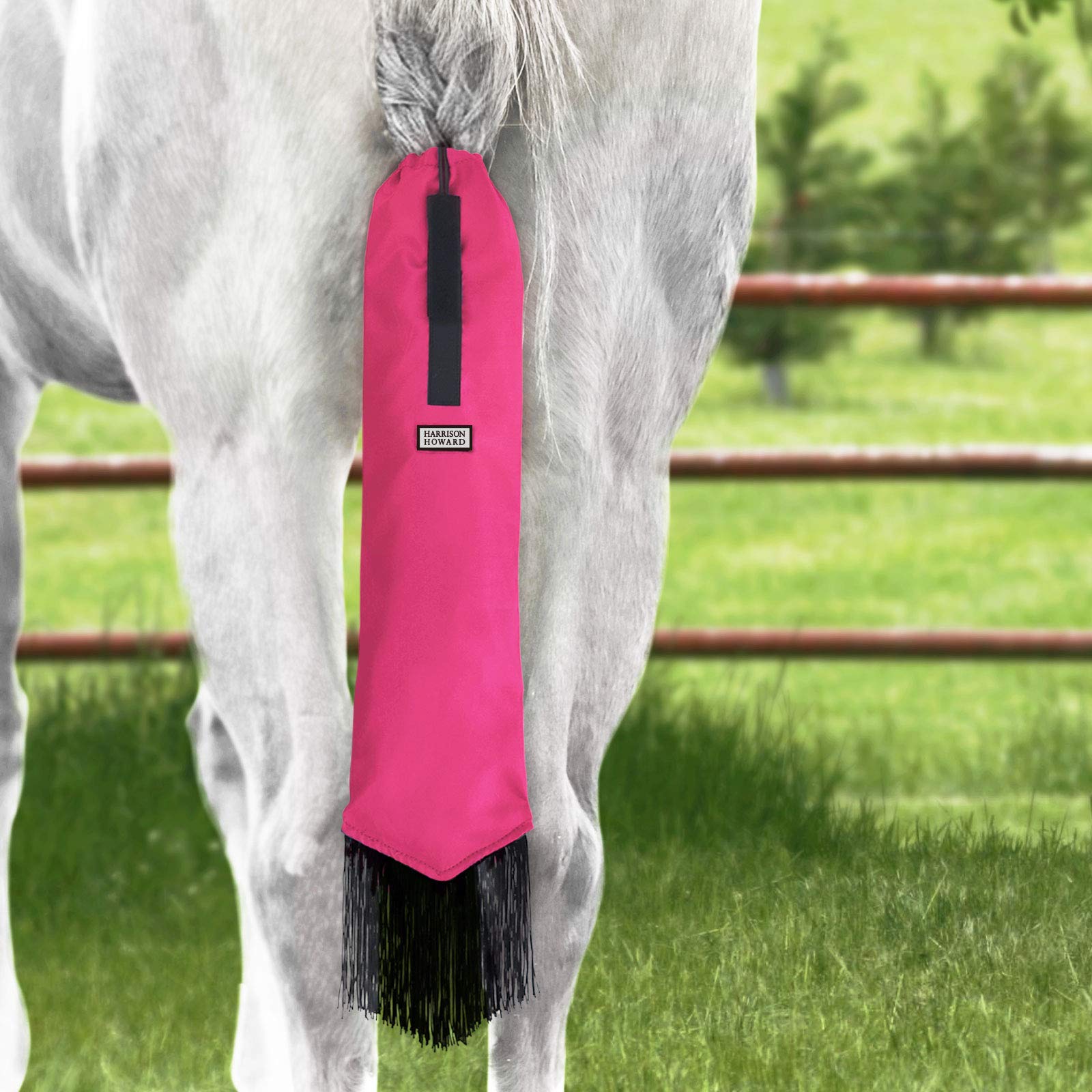 Harrison Howard Smooth Lightweight Adjustable Fastener Nylon Horse Tail Bag With Fringe-Fuchsia Pink