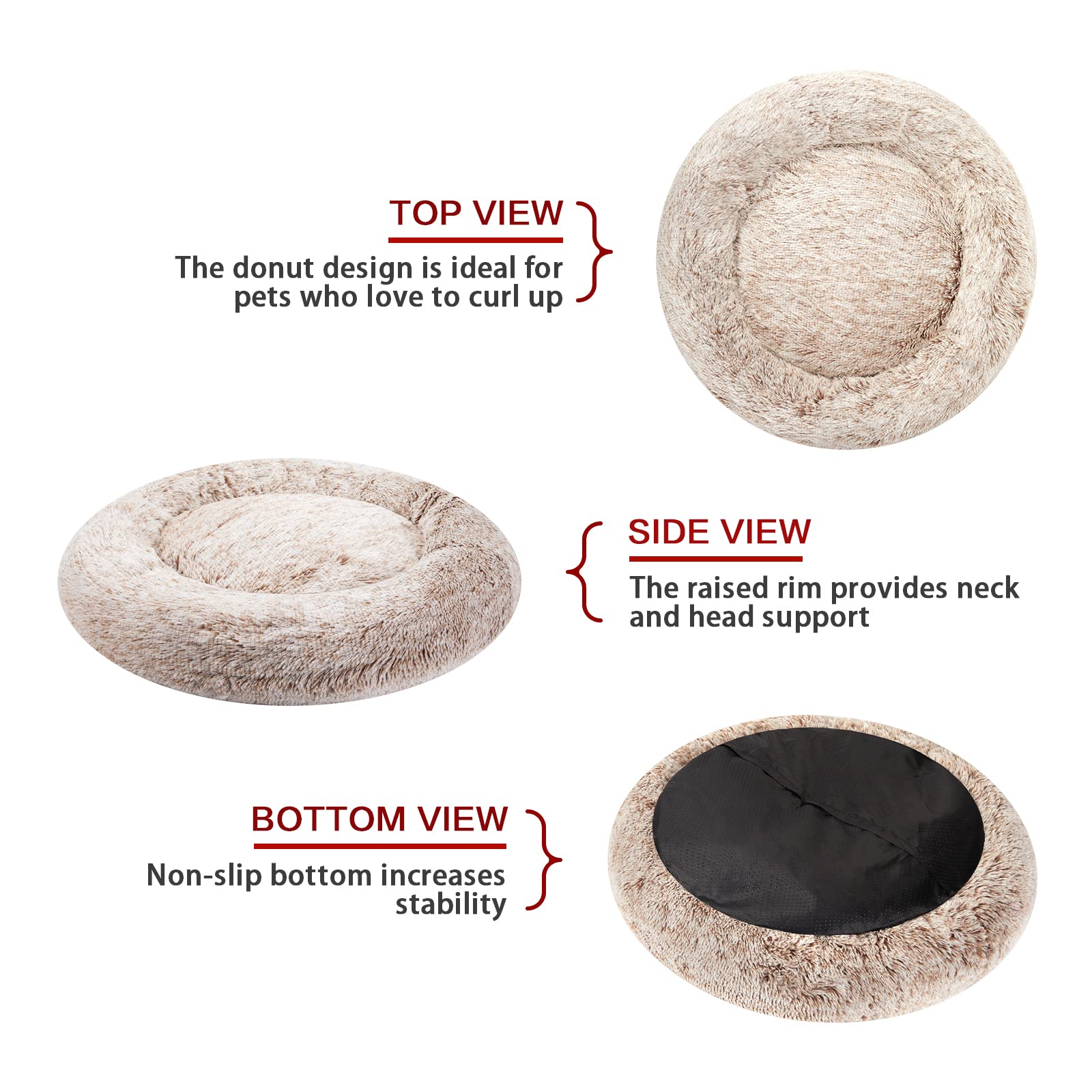 Bedfolks Calming Donut Dog Bed, 23 Inches Round Fluffy Dog Beds For Small Dogs, Machine Washable Anti-Anxiety Plush Puppy Bed(Br