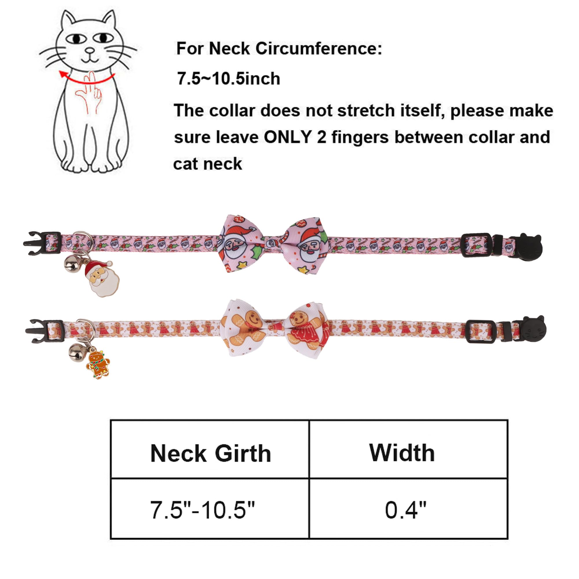 Adoggygo Pink Christmas Cat Collar With Removable Bowtie Bell, 2 Pack Pink Santa Gingerbread Man Christmas Collars For Female Ca