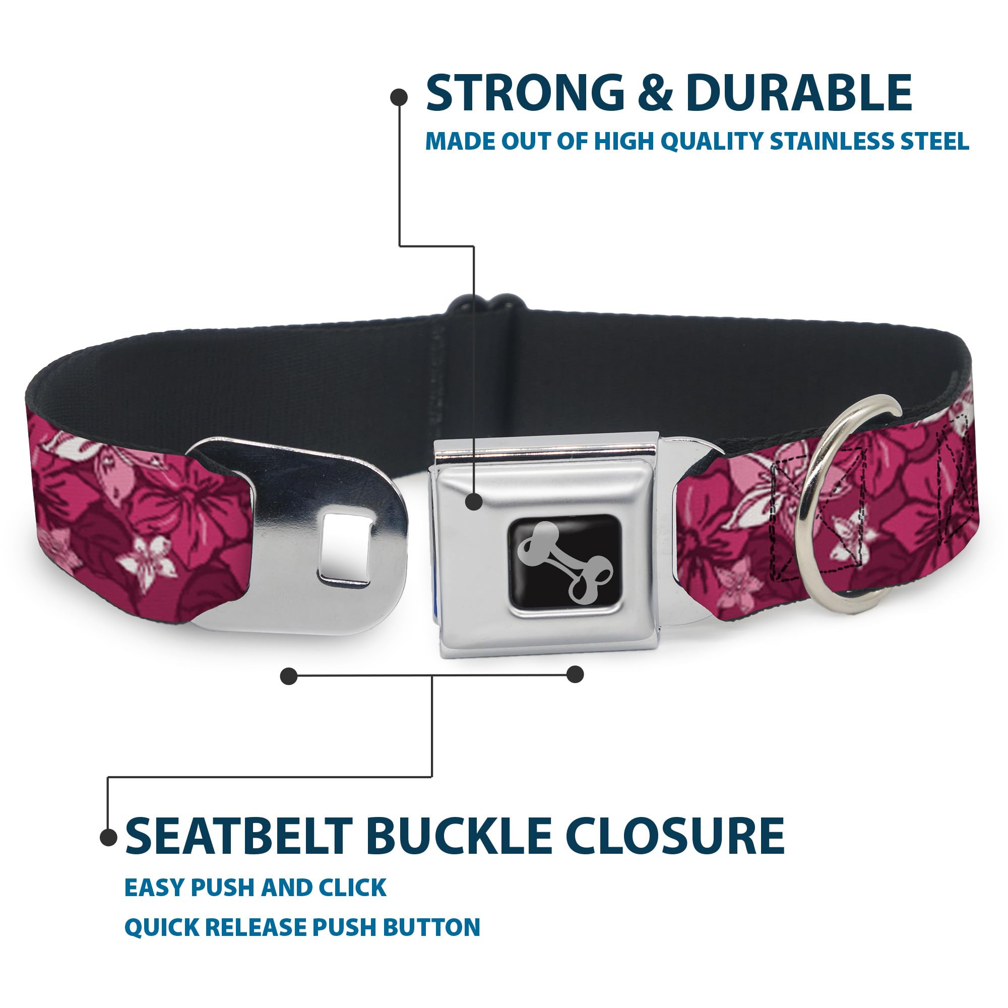 Buckle-Down Seatbelt Buckle Dog Collar - Hibiscus Collage Pink Shades - 1' Wide - Fits 11-17' Neck - Medium (Dc-W30876-M)