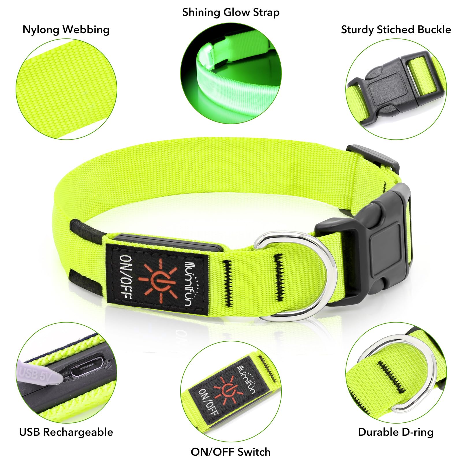 Illumifun Light Up Dog Collar, Usb Rechargeable Led Dog Collar Adjustable Glow In The Dark Pet Collar Safety Dog Lights For Night Walking (Green, Medium)