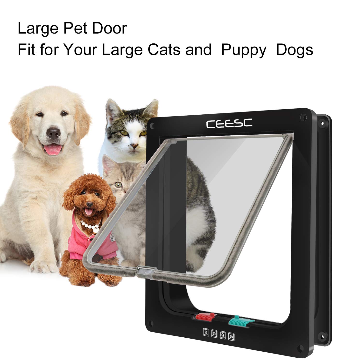 Ceesc Extra Large Cat Door (Outer Size 11'' X 9.8''), 4 Way Locking Large Cat Door For Interior Exterior Doors, Weatherproof Pet