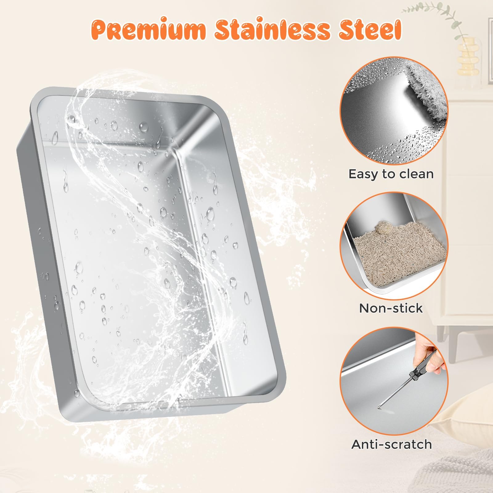 URPOWER Stainless Steel Cat Litter Box, Extra Large Enclosed with Lid, Gray-XL, Non-Sticky Metal Pan, Easy Cleaning, Front & Top Entry