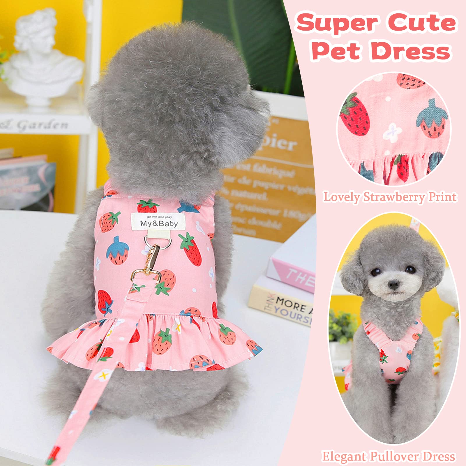 Petpubgnzs Small Dog Dress Harness And Leash Set - Cute Princess Birthday Dresses, Soft Fruit Print Puppy Clothes For Cats, Chih
