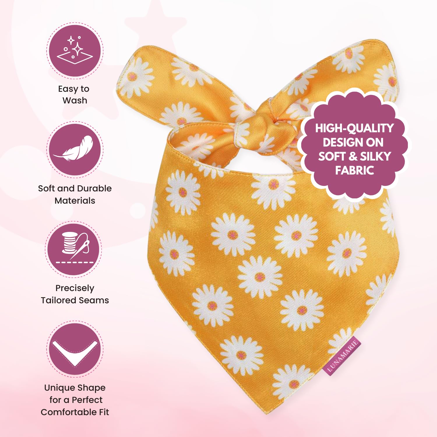 Lunamarie - Luxury Pet Birthday Bandanas -Premium & Silky Poly Fabric | 100% Handmade | Custom Shape Dual Layered (Daisies, Smal